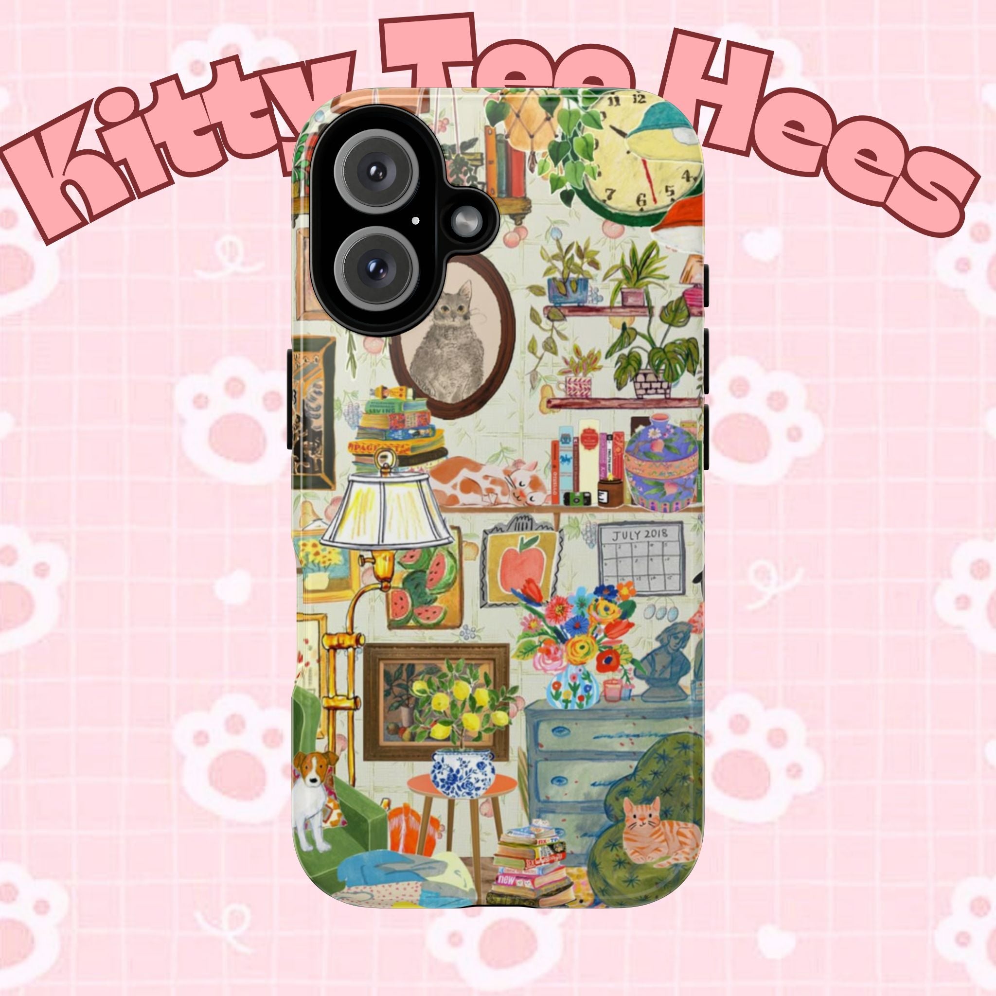 Cute cat portrait phone case for iPhone 17, stylish Printify branded protective case with cozy living room design.