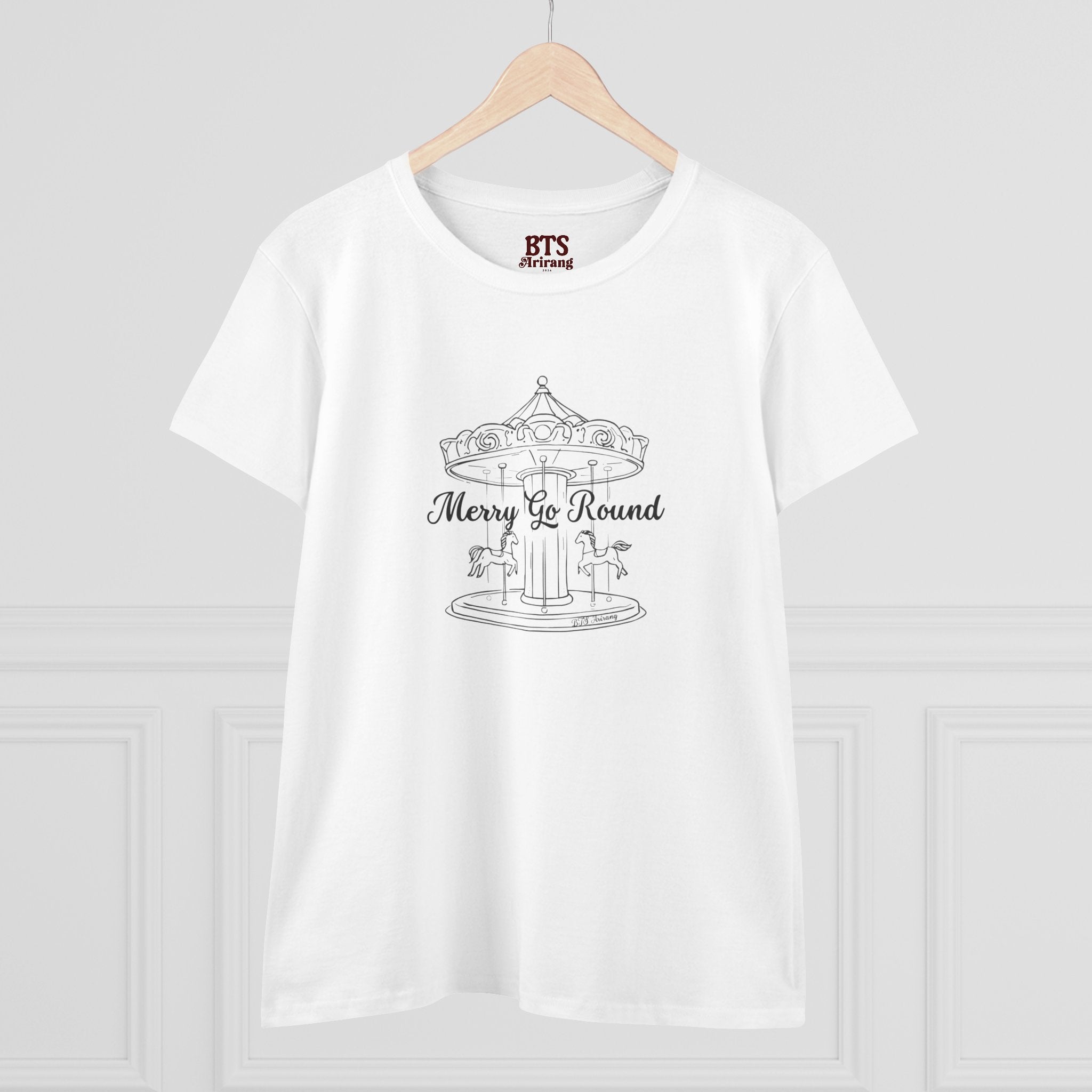 Printify Merry Go Round BTS Arirang 2026 album carousel sketch T-shirt with lyric script back print, casual and stylish design.