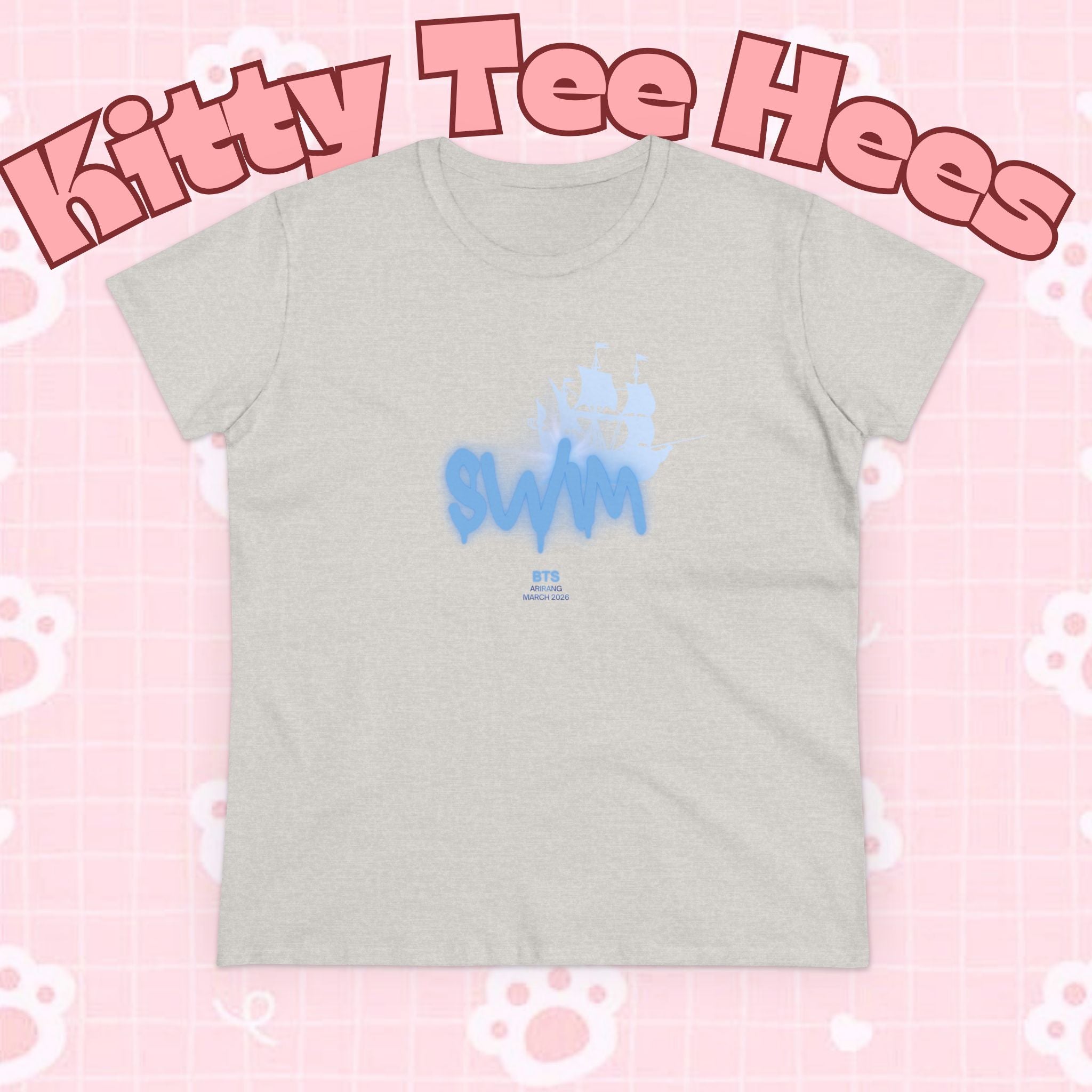 Women's BTS swim shirt with Sailboat Script Logo, featuring a concert-inspired design on a cotton T-shirt by Printify.