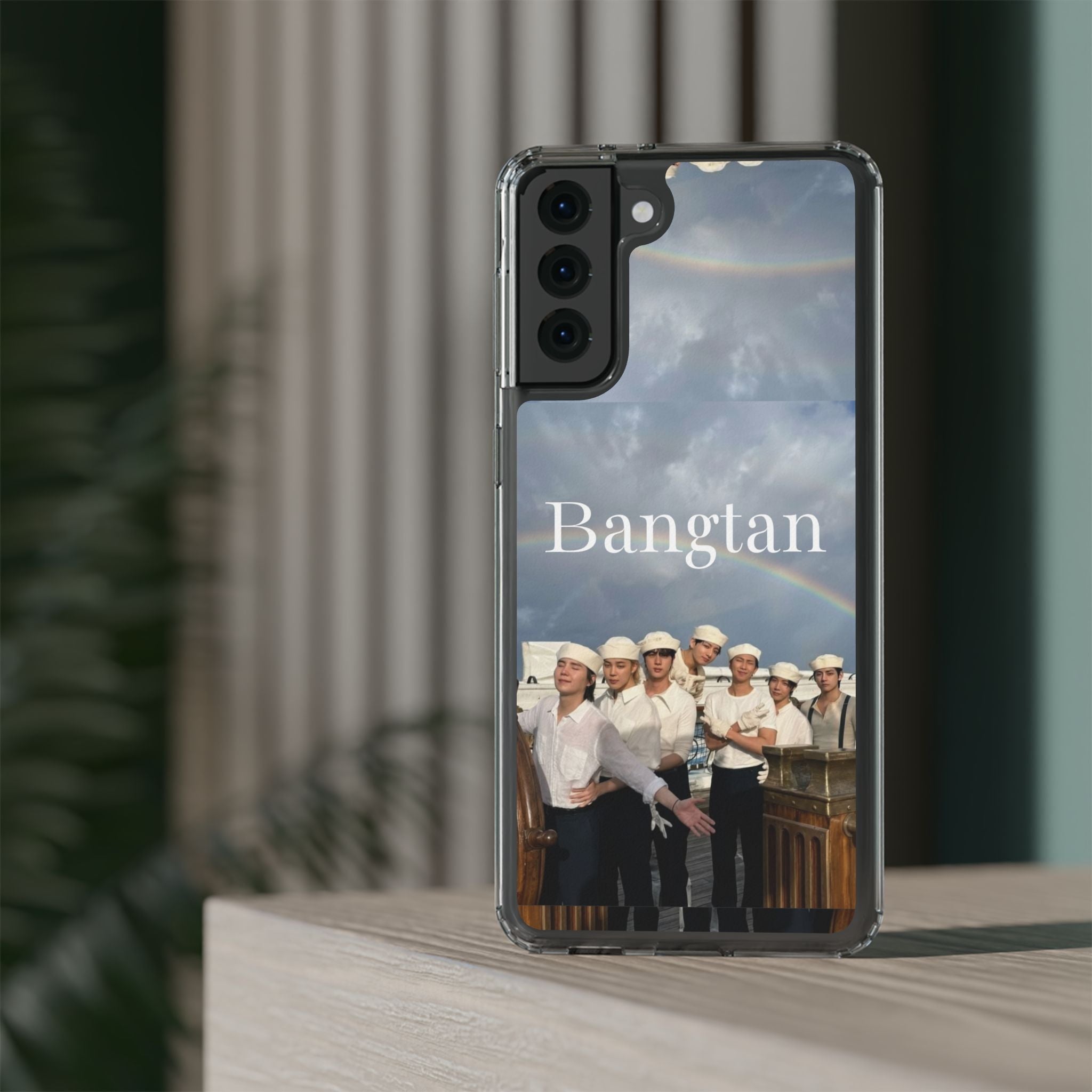 Clear impact-resistant phone case featuring cute Bangtan BTS K-pop design for smartphones.