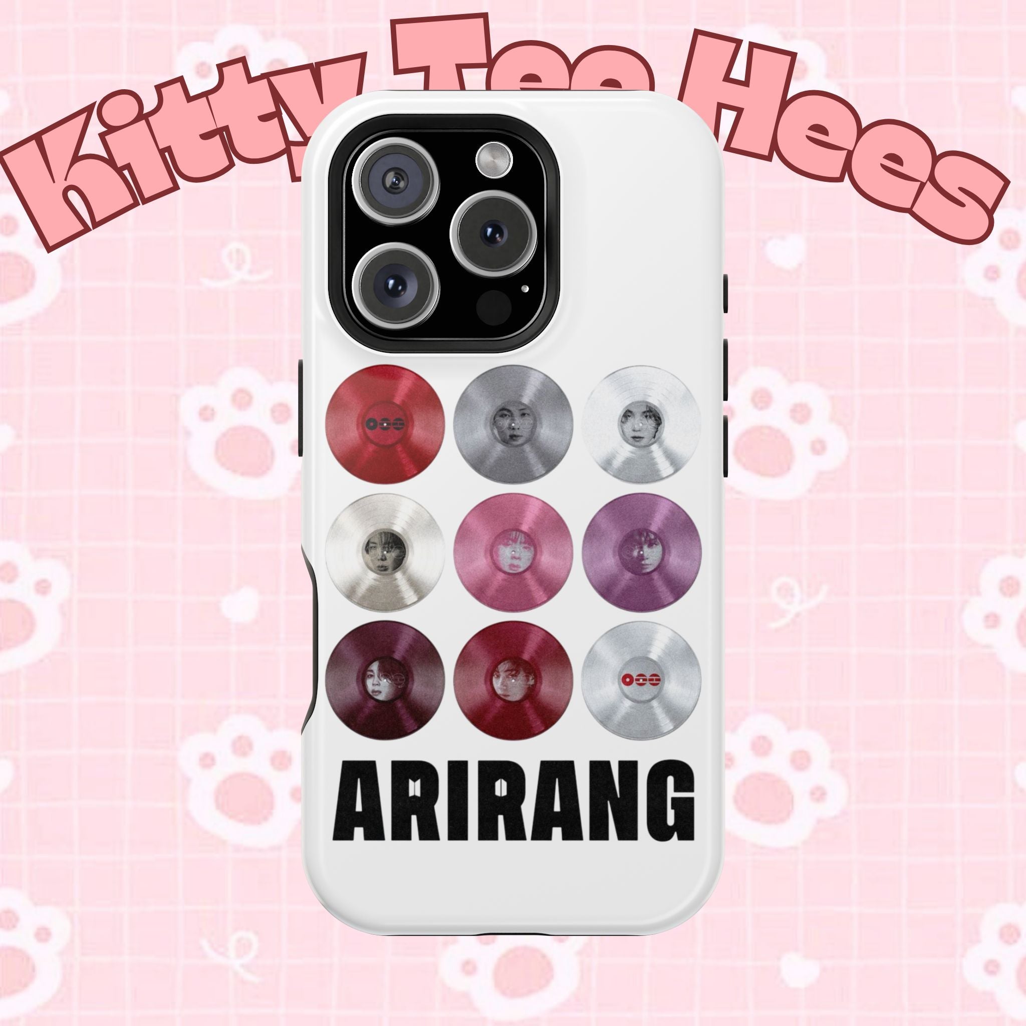 Printify BTS Arirang vinyl record grid phone case featuring impact-resistant design with cool BTS fan merch imagery.