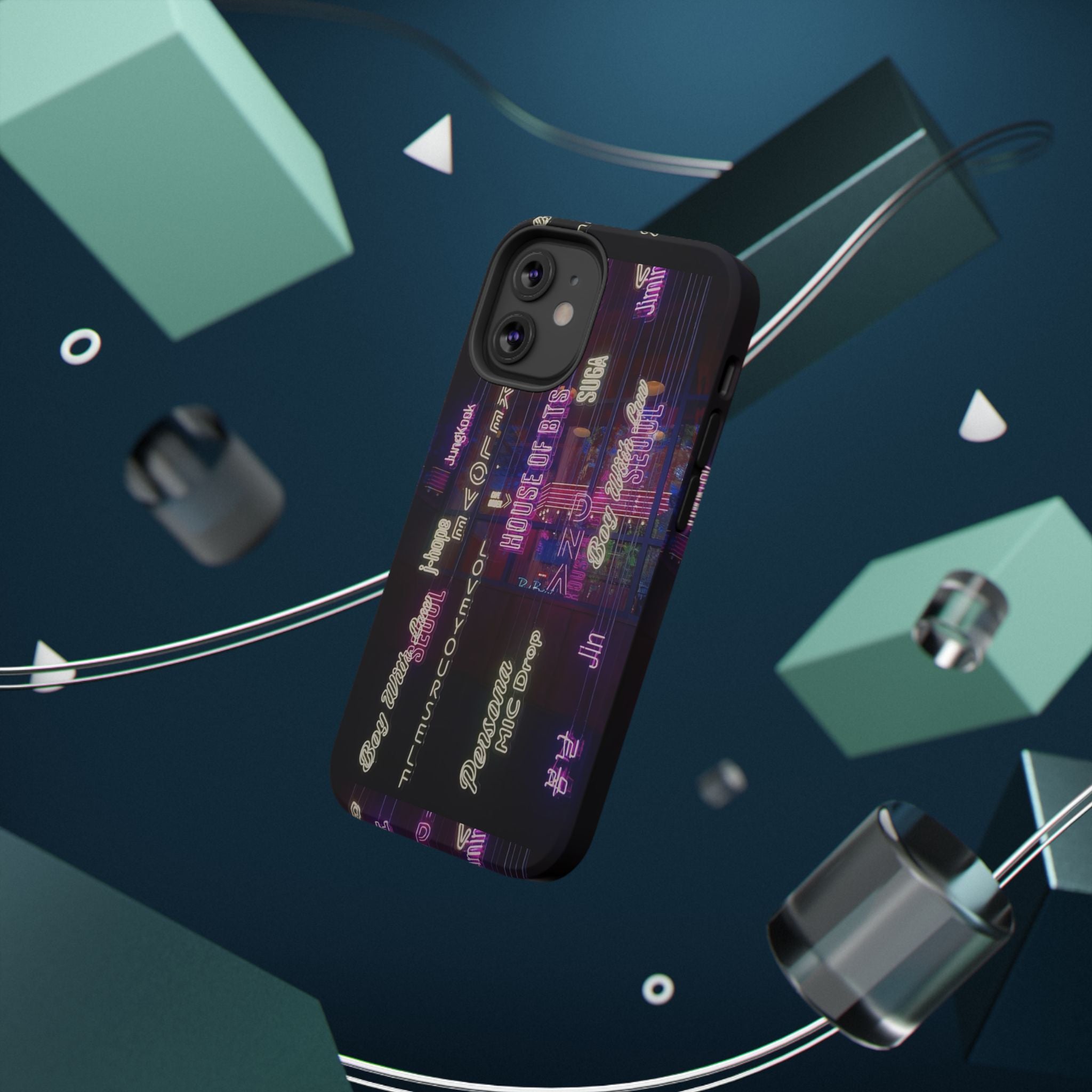 Neon Korean script BTS phone case for iPhone and Samsung, impact-resistant Printify case with bold BTS design.
