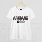 White BTS ARIRANG graphic T-shirt featuring Bangtan Boys logo and member names, casual style, printed by Printify