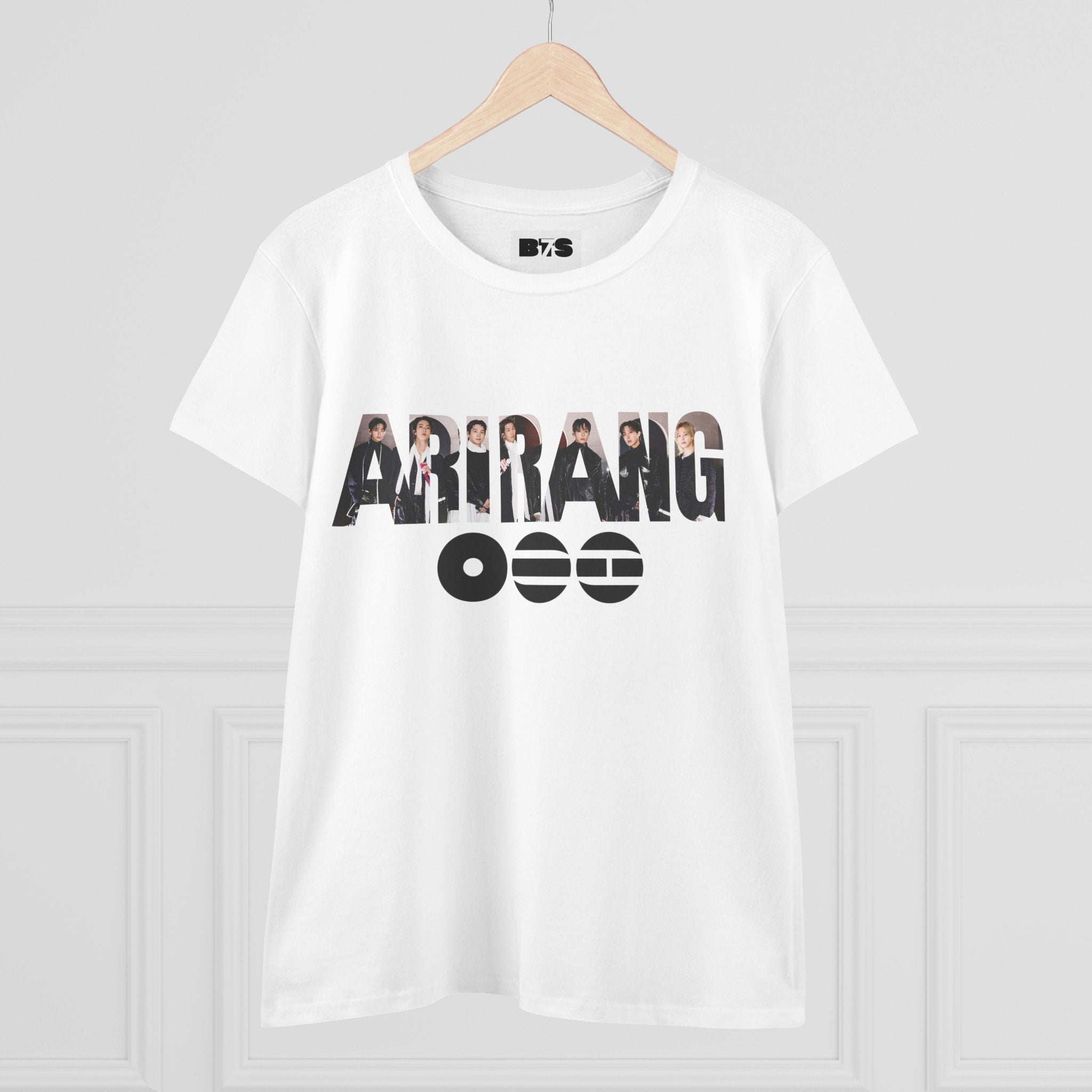 White BTS ARIRANG graphic T-shirt featuring Bangtan Boys logo and member names, casual style, printed by Printify