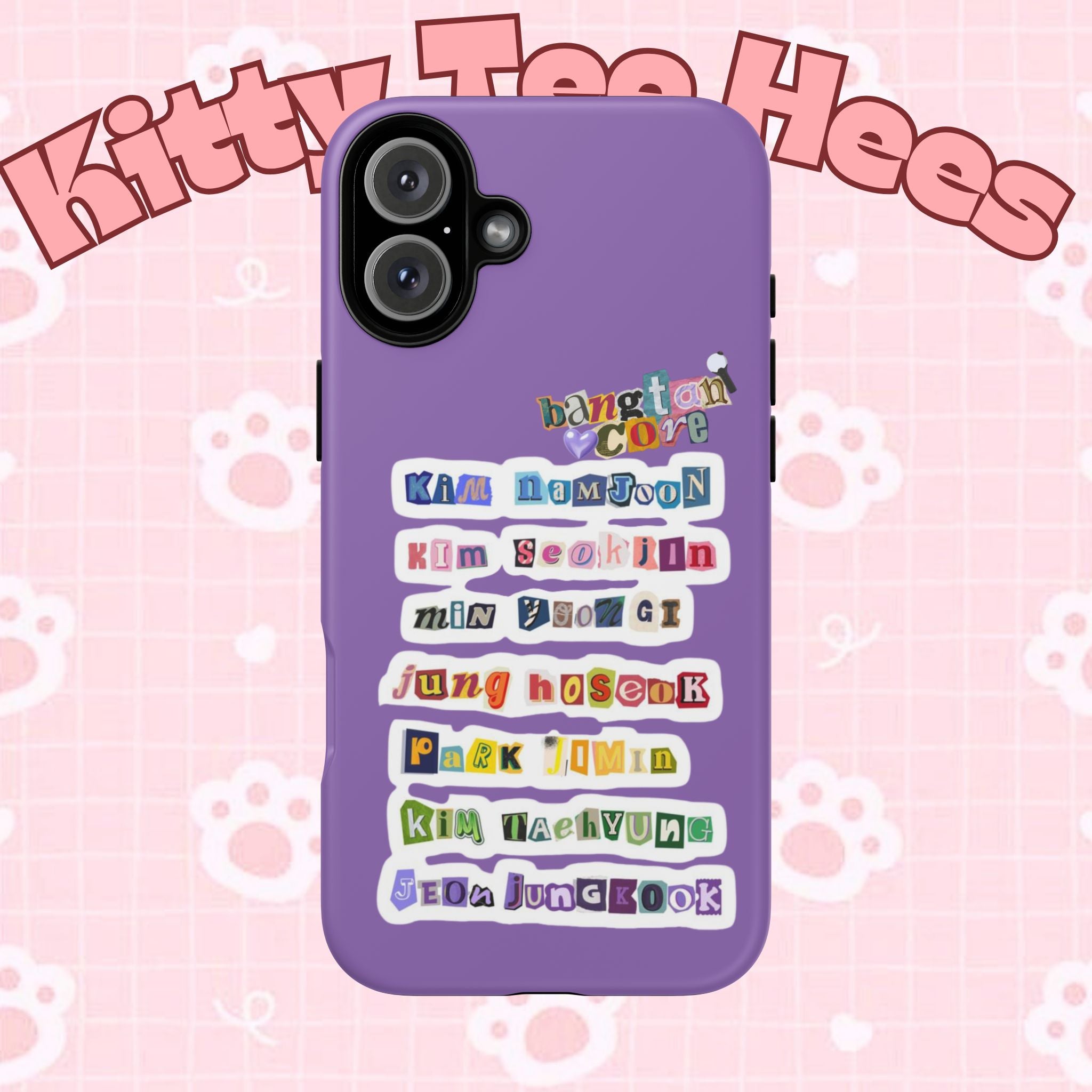 Custom BTS member names phone case featuring Jungkook, Jimin, and Rap Monster for iPhone 17, with a durable tough case design.