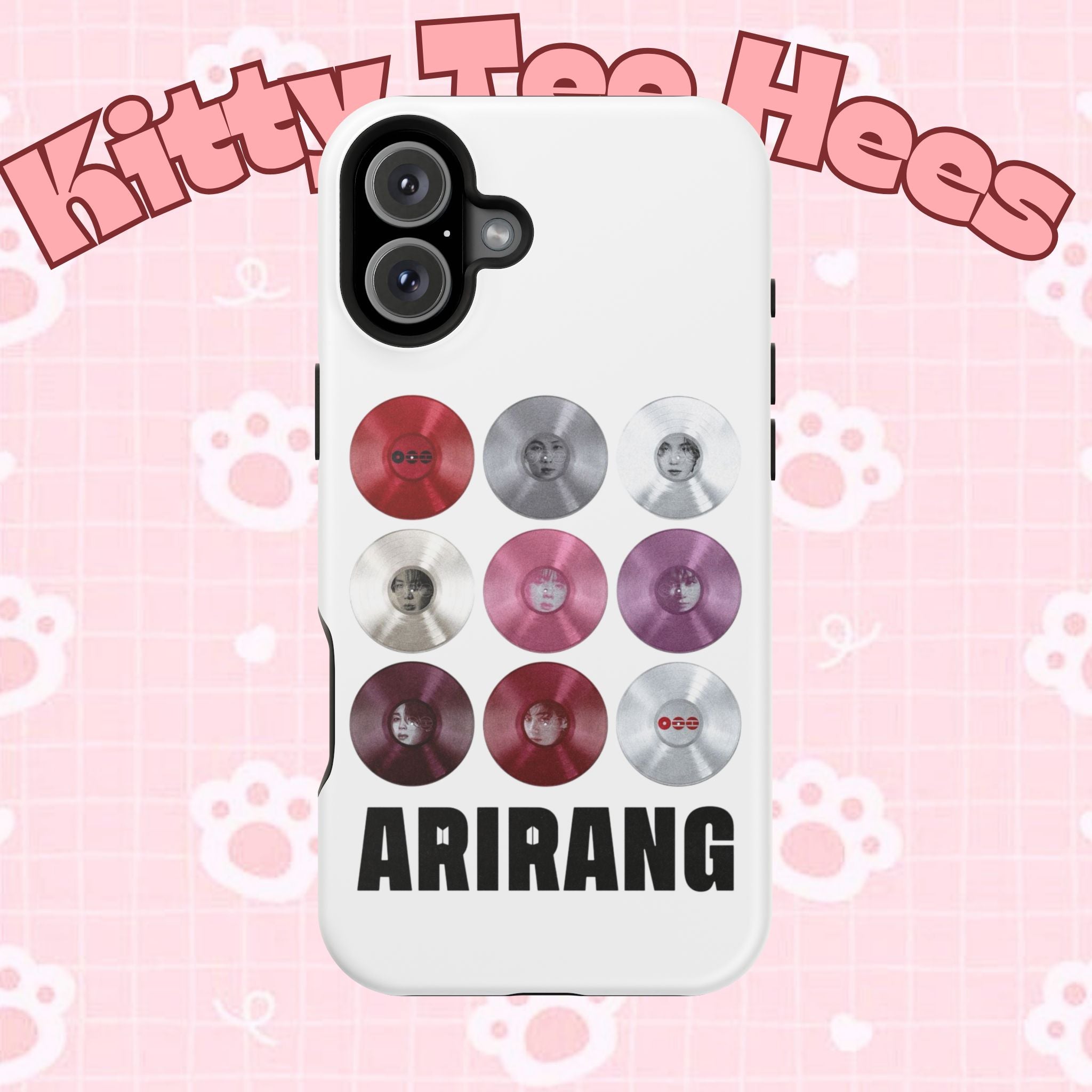 Impact-resistant Printify BTS Arirang vinyl record grid phone case featuring colorful BTS fan merch design for fans of Bangtan Boys.