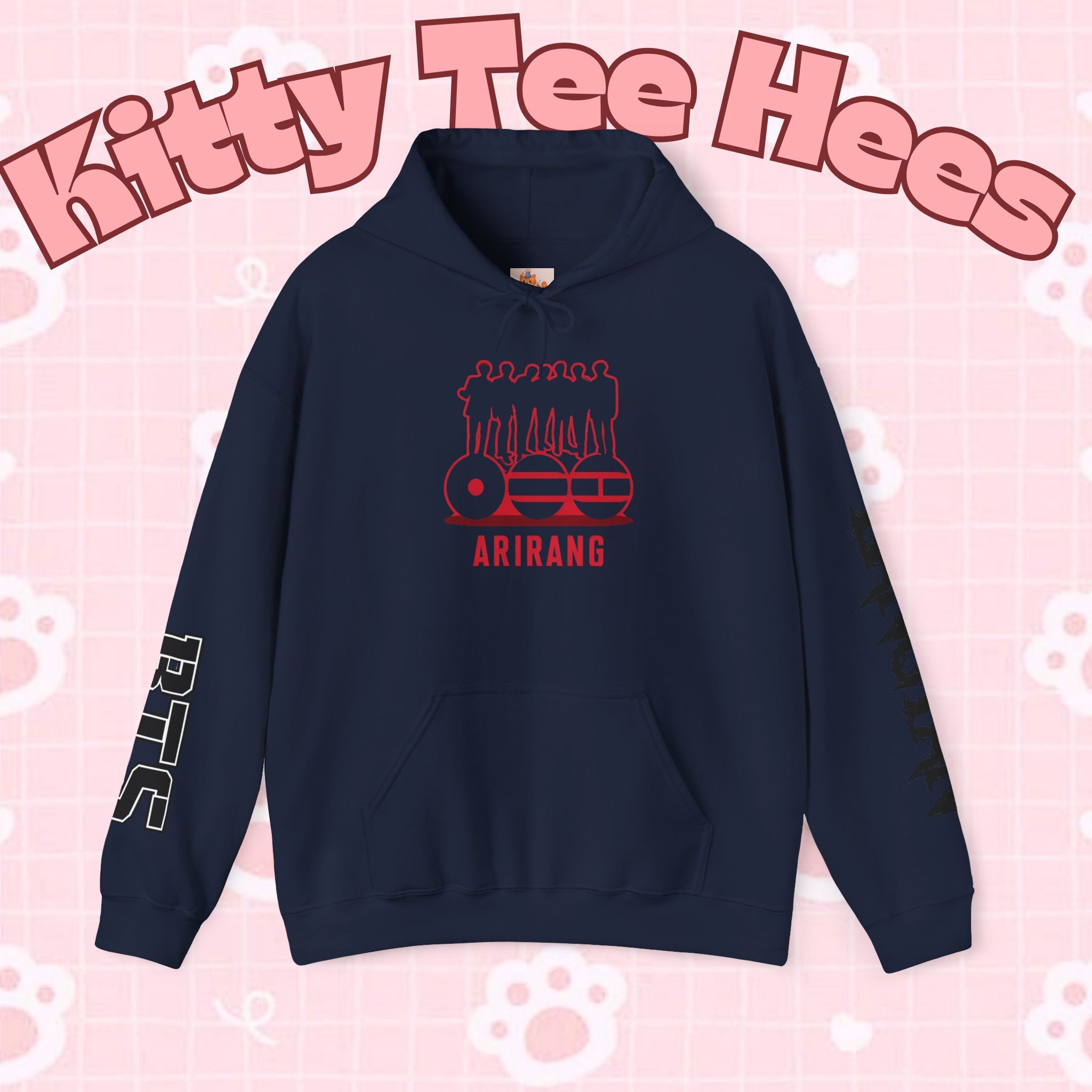 ARIRANG BTS world tour graphic hoodie with Bangtan sleeve design, featuring BTS-inspired artwork on a comfortable sweatshirt.