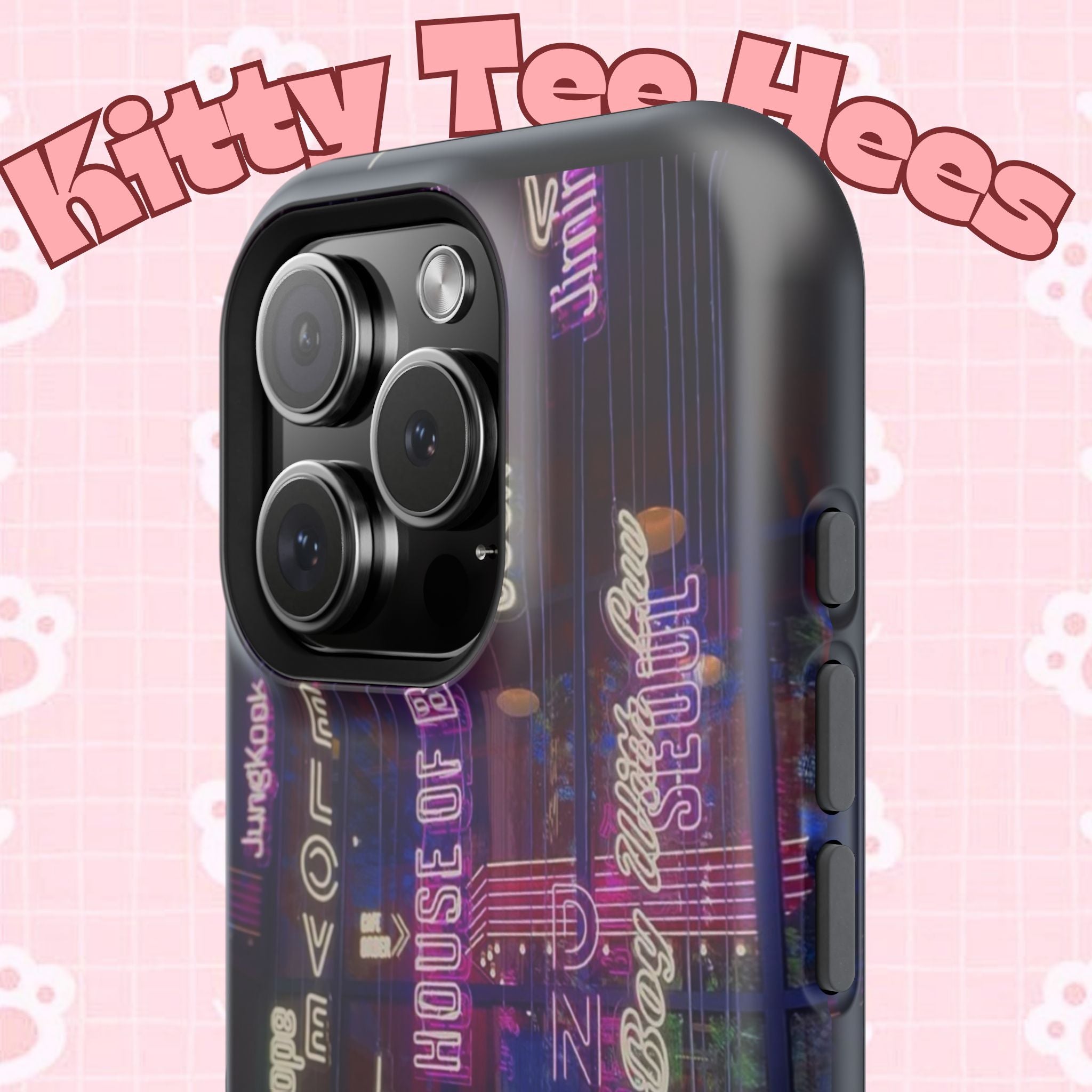 Neon Korean script BTS phone case for iPhone and Samsung, impact-resistant design with Bangtan Sonyeondan branding.