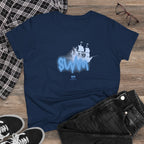 Women's BTS Sailboat Script Logo T-shirt featuring concert and world tour design, made of comfortable cotton material.