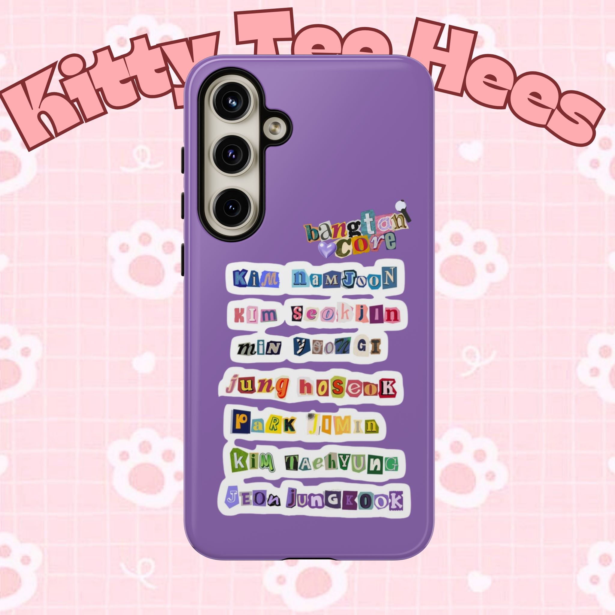 Printify BTS member names phone case for iPhone 17 featuring Jungkook, Jimin, and Rap Monster in a tough case design.