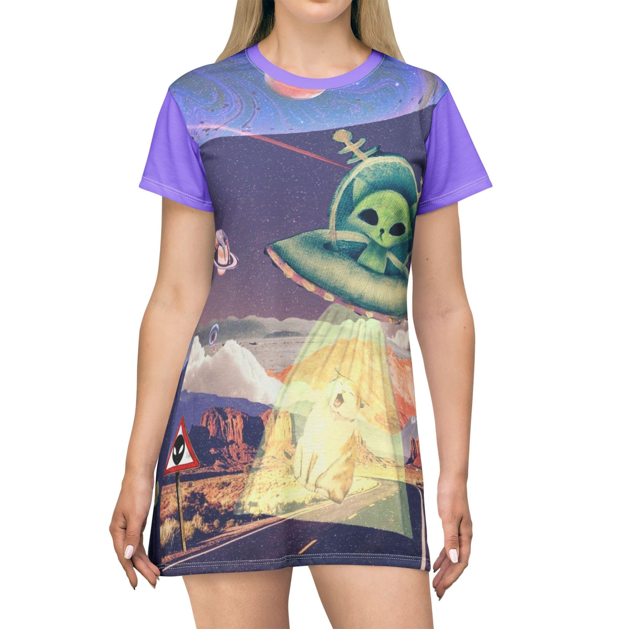 Alien Cat Graphic T-Shirt Dress, Funny Space Kitten Costume - Kitty TeeHees