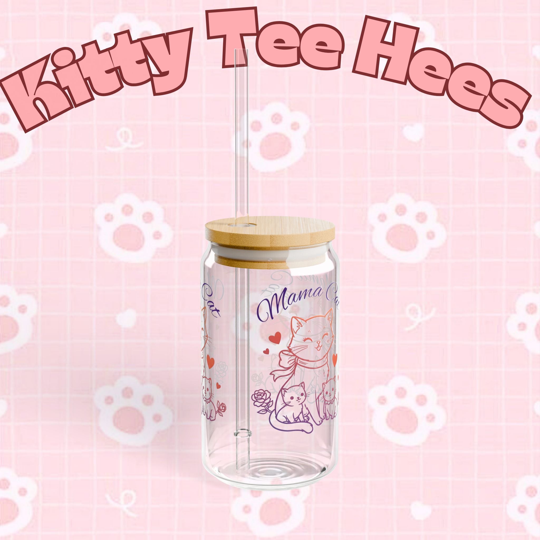 Mama Cat glass water bottle with 16oz capacity, featuring cute cat mom design, ideal for cat lovers and Mother’s Day gifts.
