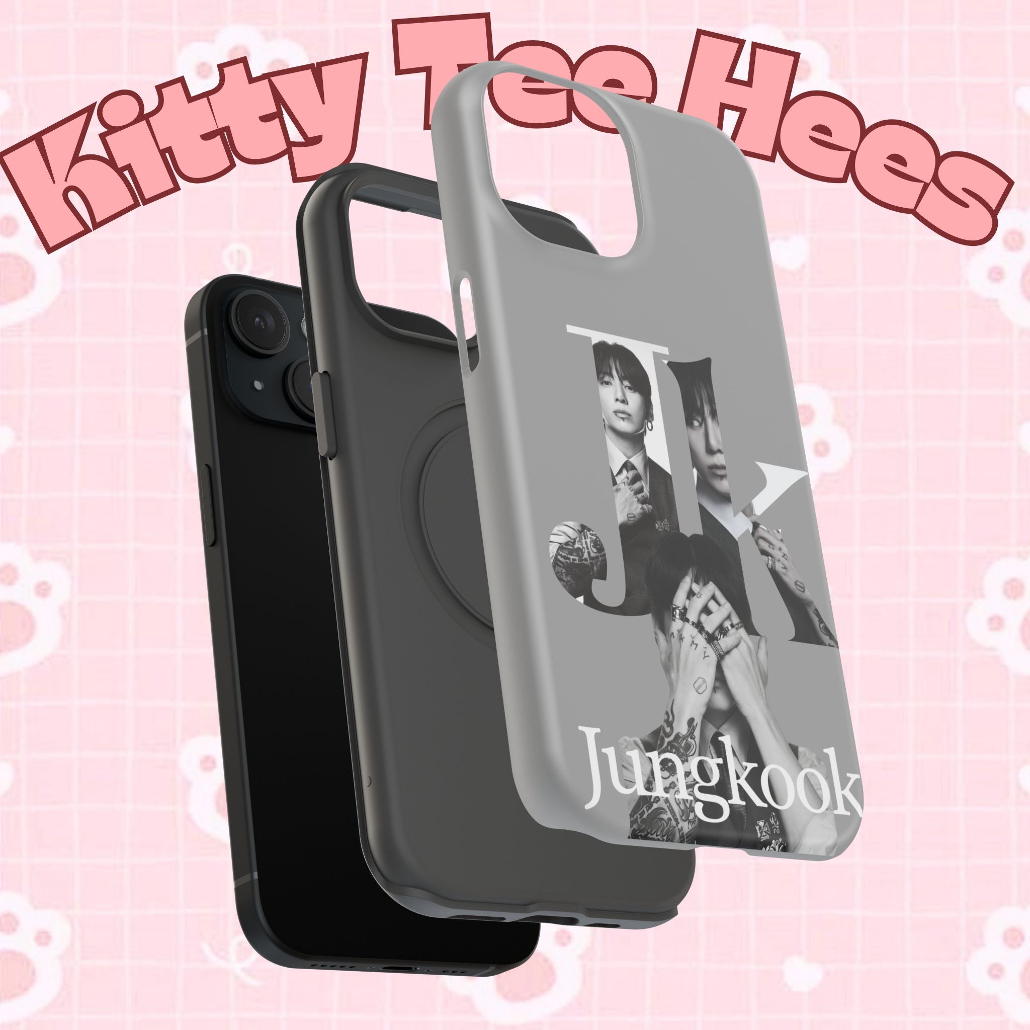 Monochrome BTS Jungkook phone case with letter design, impact-resistant Printify brand for popular Bangtan Sonyeondan member.