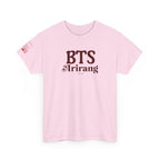 BTS Arirang T-shirt featuring Korean Hangul, designed for BTS 2026 comeback and world tour, casual concert fit, Printify brand.