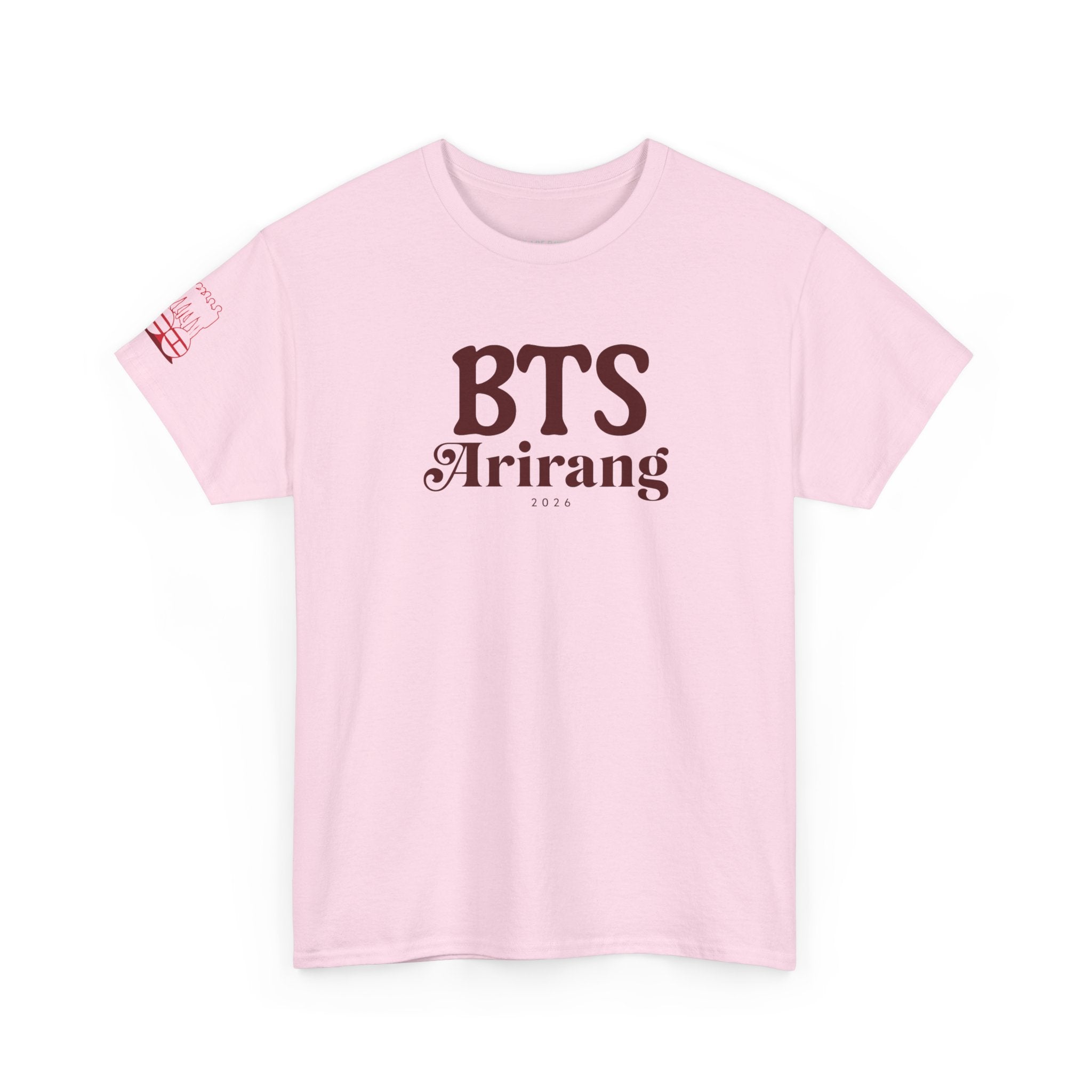 BTS Arirang T-shirt featuring Korean Hangul, designed for BTS 2026 comeback and world tour, casual concert fit, Printify brand.