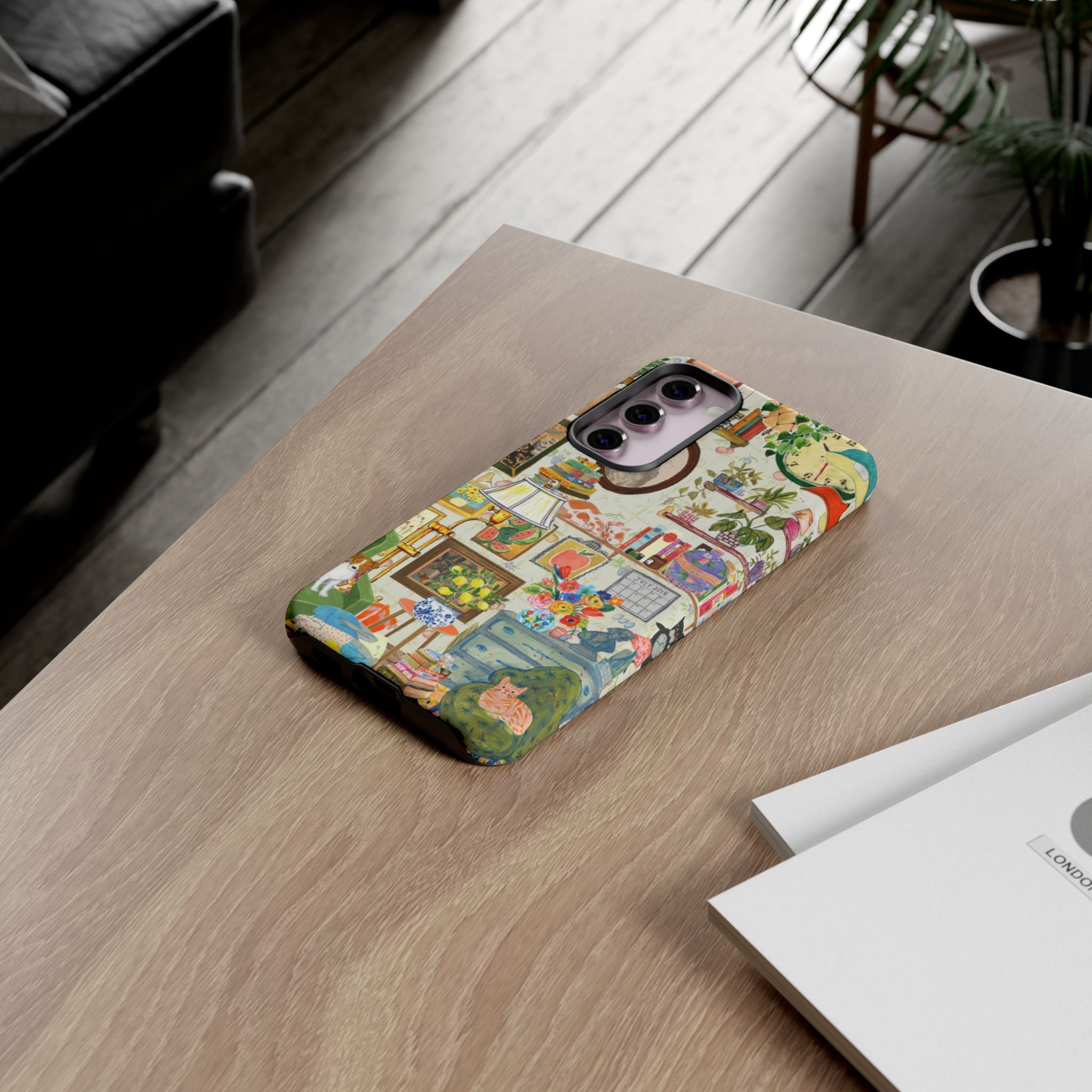 Cute cat pet portrait iPhone 17 case by Printify, stylish and cozy phone case featuring a framed cat image for living room decor.