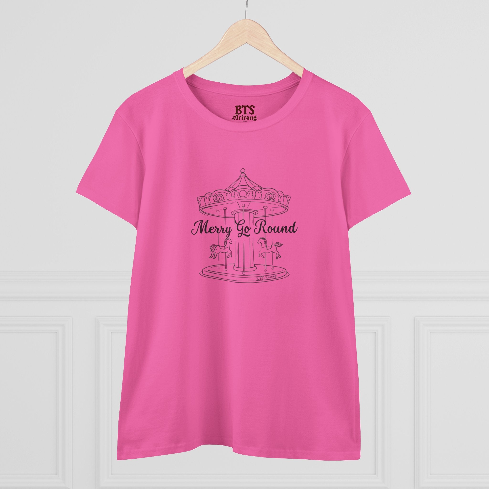 Printify Merry Go Round BTS Arirang 2026 album carousel sketch T-shirt with lyric script back print, featuring vibrant design and casual fit.