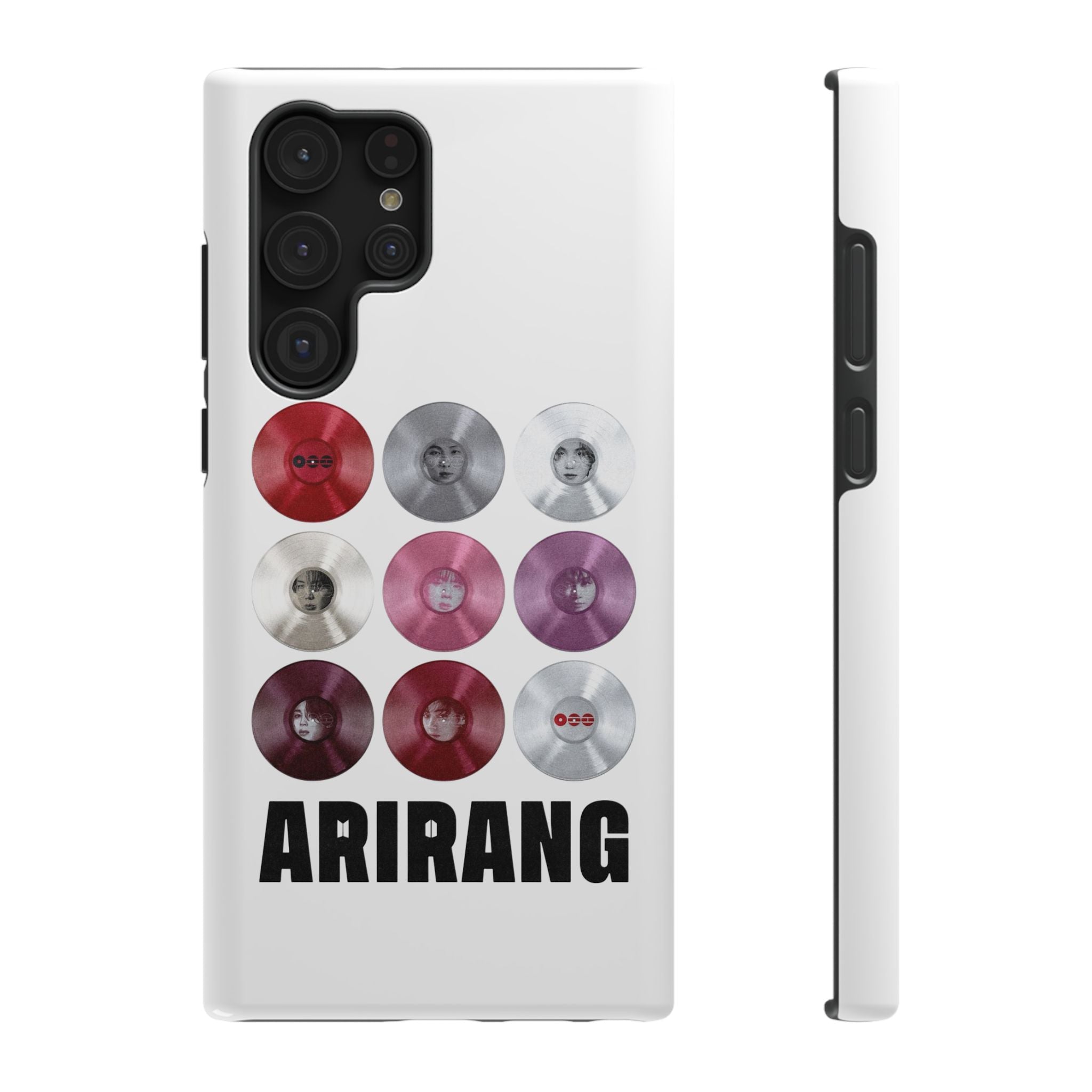 Impact-resistant Printify BTS Arirang vinyl record grid phone case featuring Bangtan Boys design, stylish and durable for fans.
