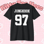 Custom BTS T-shirt featuring Jungkook, Jimin, V, J-Hope, RM, Suga, Jin, with concert-themed design, by Printify.