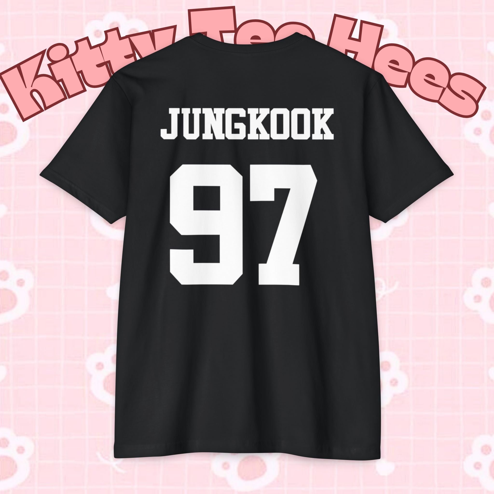 Custom BTS T-shirt featuring Jungkook, Jimin, V, J-Hope, RM, Suga, Jin, with concert-themed design, by Printify.