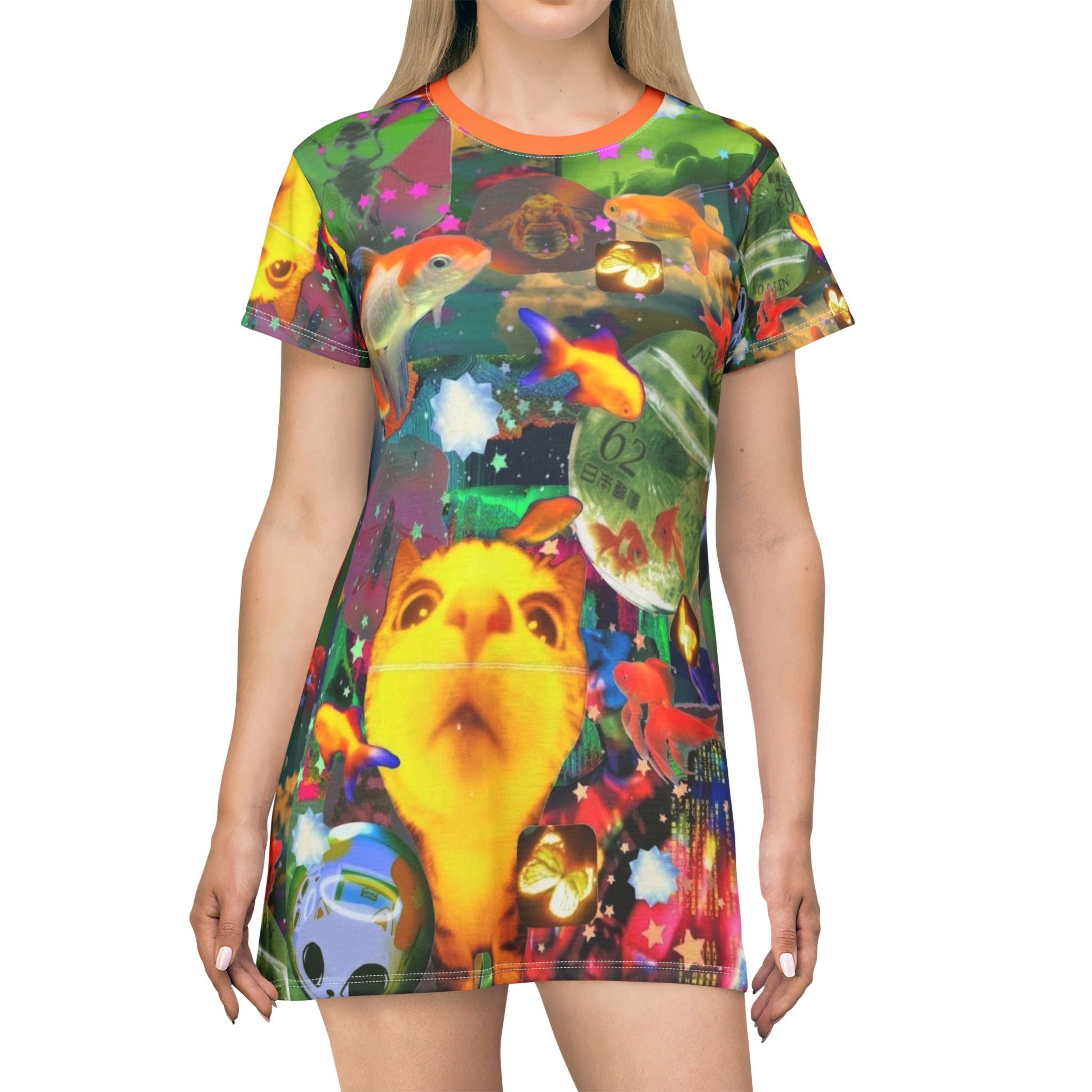 Colorful fish cat T-shirt dress with all-over print, featuring vibrant fish and cat design, perfect for pet lovers and cat moms.