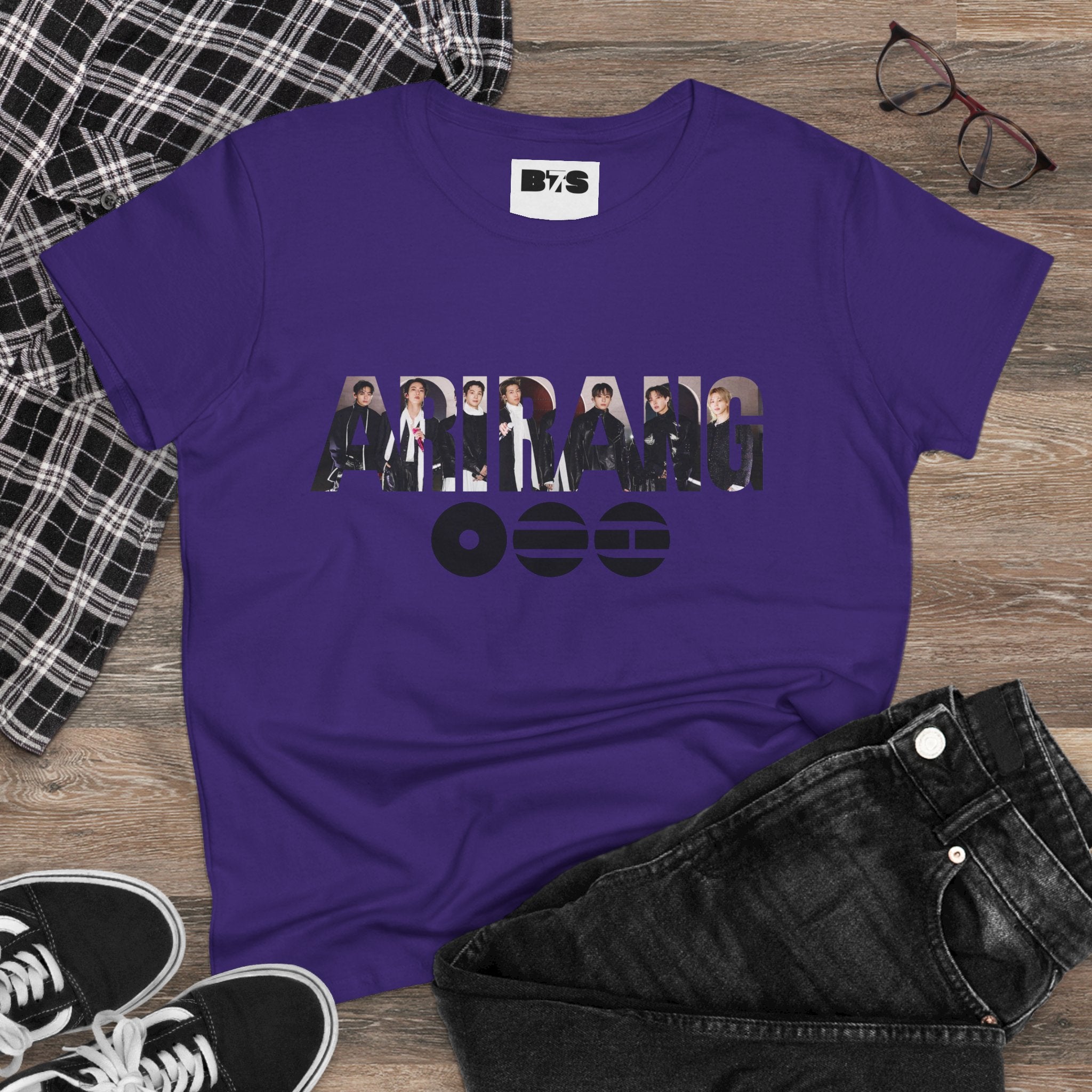 BTS ARIRANG graphic T-shirt featuring BTS logo and member names, casual unisex tee from Printify with colorful design.