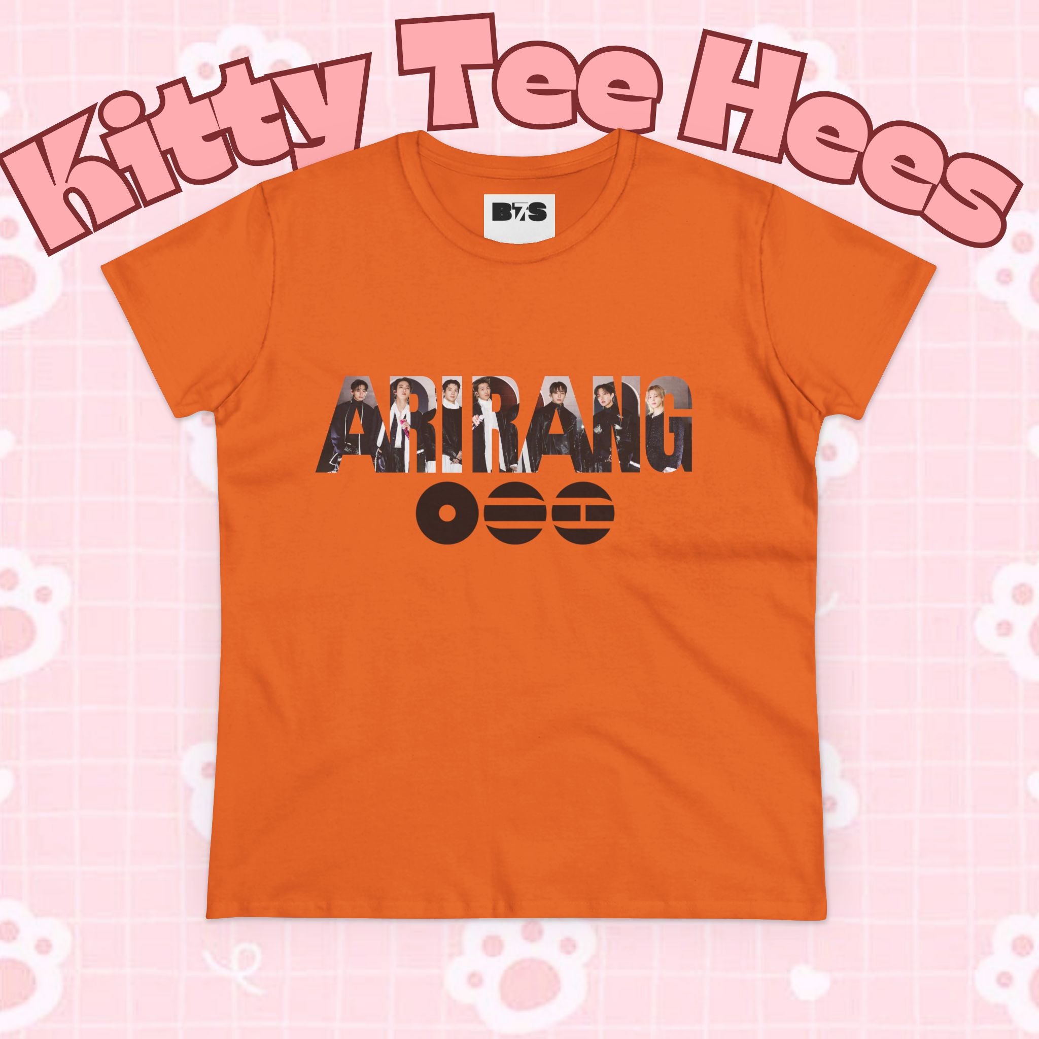 BTS ARIRANG graphic T-shirt featuring band member names and BTS logo, casual cotton tee in vibrant print.