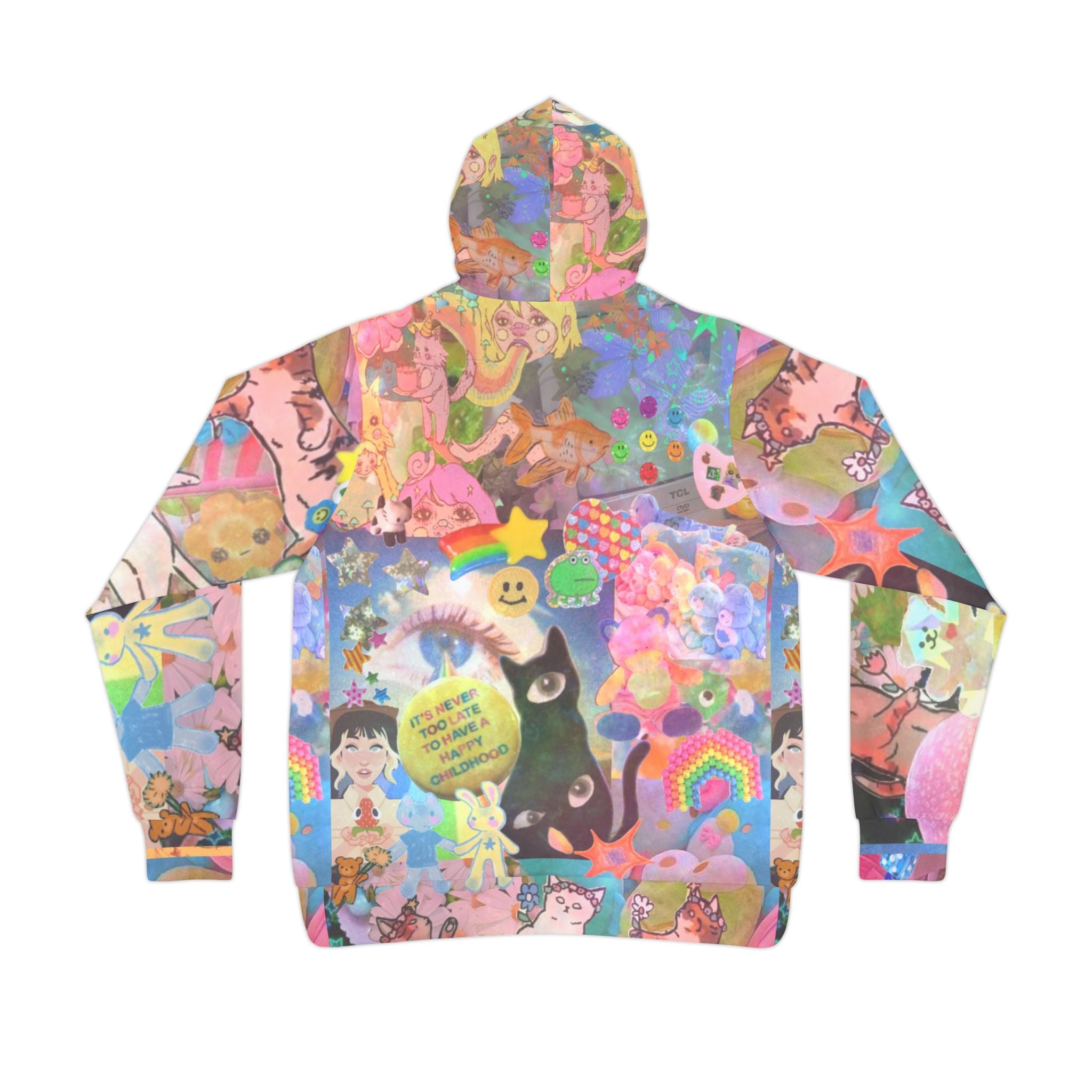 Colorful all-over print hoodie featuring a whimsical cat design, casual athletic style, vibrant graphic sweater for kids.