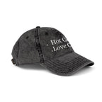 Vintage style embroidered hat with "Hot Girls Love Cats" phrase, casual wear accessory from Printify featuring cat-themed design.