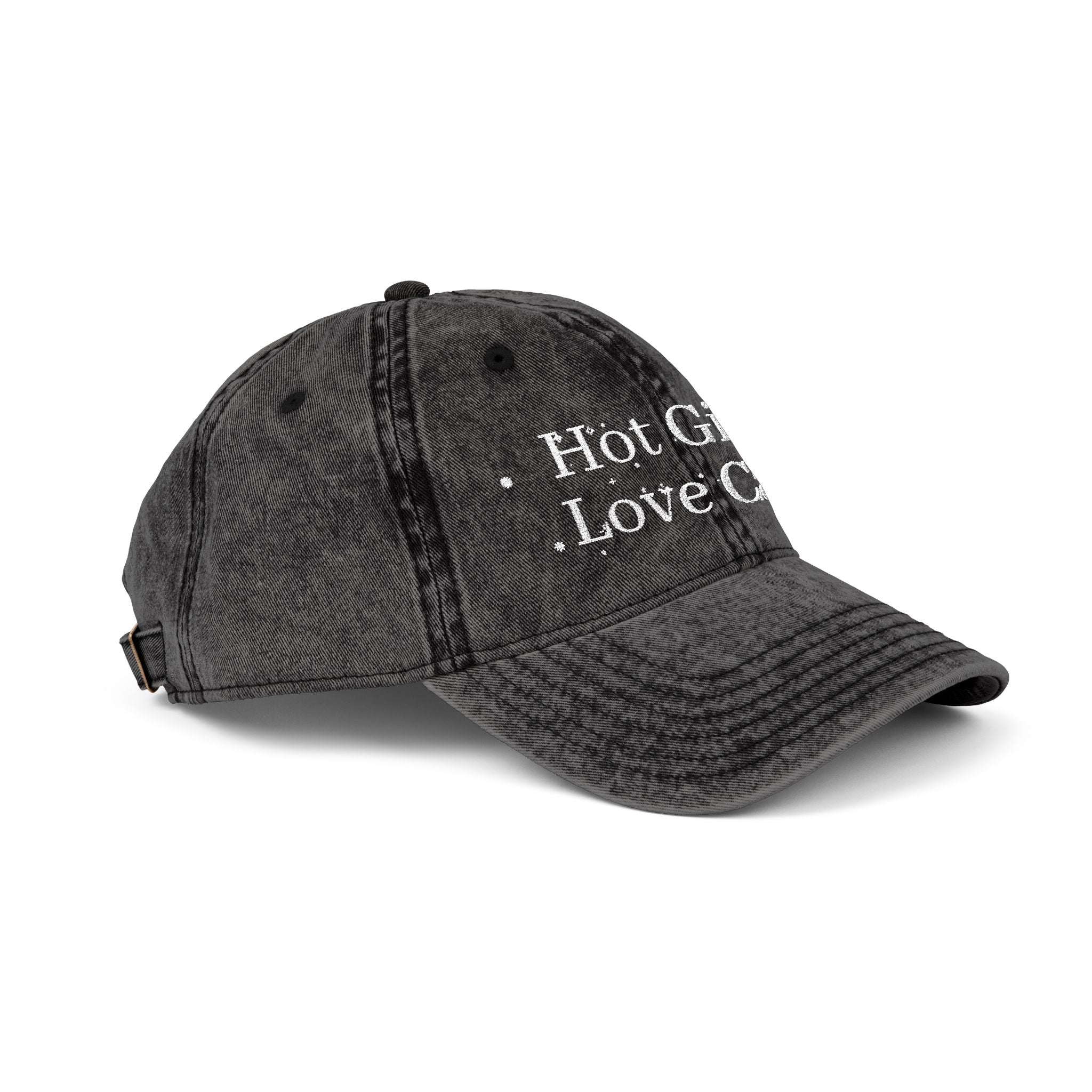 Vintage style embroidered hat with "Hot Girls Love Cats" phrase, casual wear accessory from Printify featuring cat-themed design.