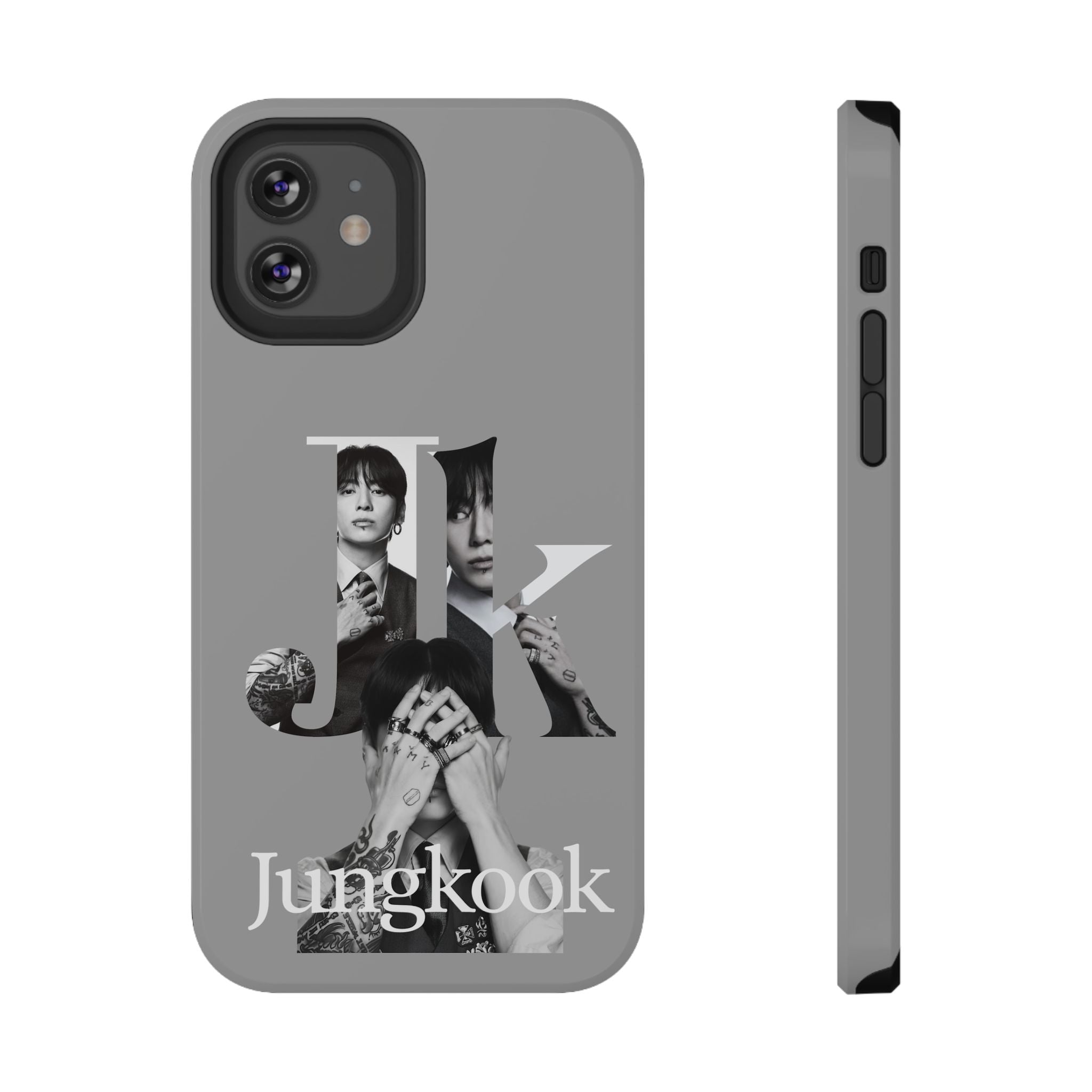 Black Jungkook phone case with monochrome letter design, impact-resistant case for BTS Jungkook, compatible with smartphones.