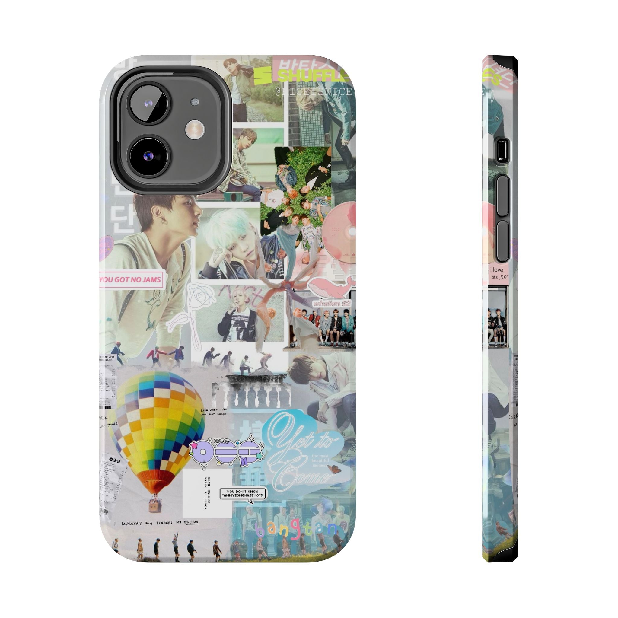 Printify BTS collage phone case for iPhone and Samsung featuring pastel hot air balloon and K-pop photo collage design.