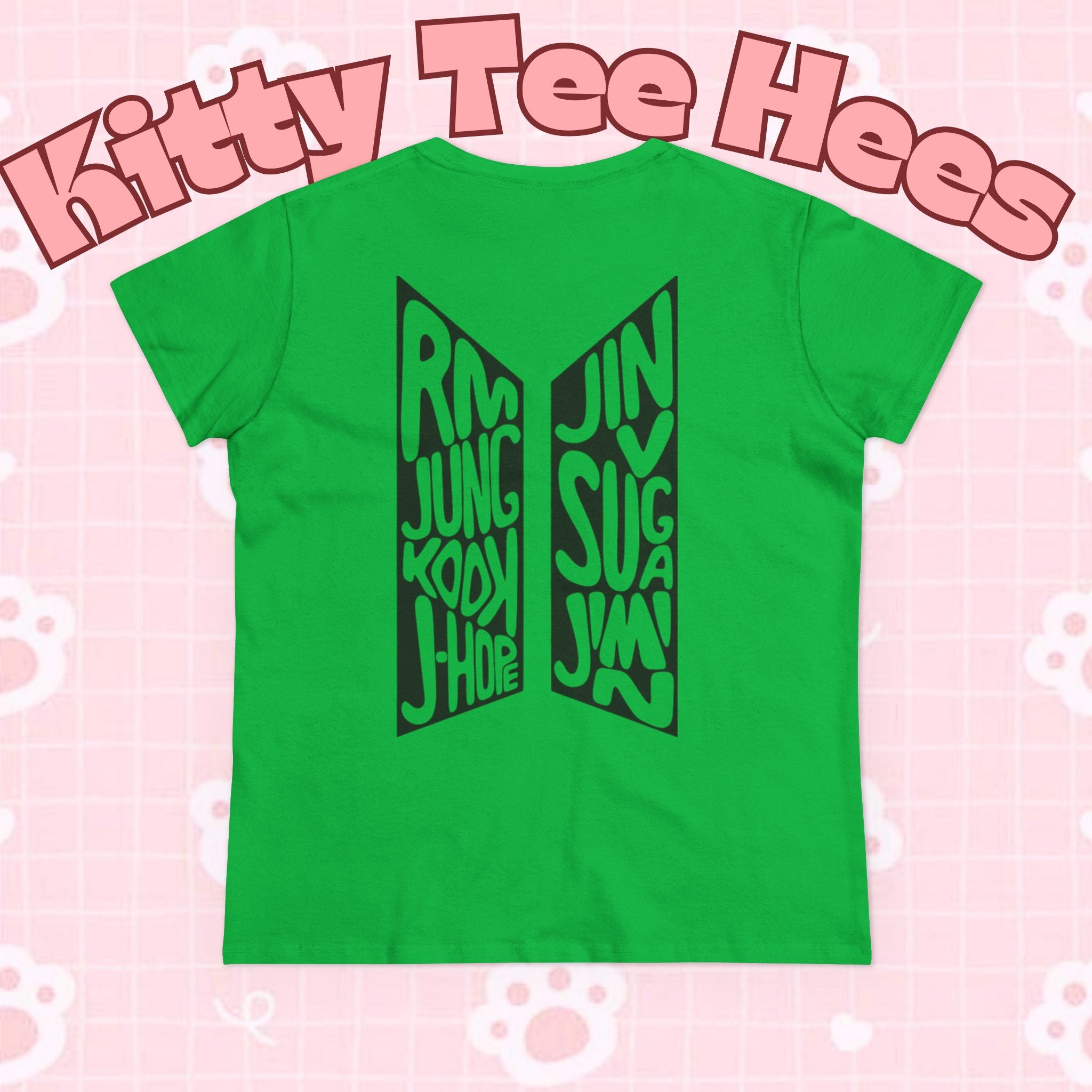 BTS ARIRANG graphic T-shirt featuring BTS logo and member names, casual cotton tee by Printify on a white background