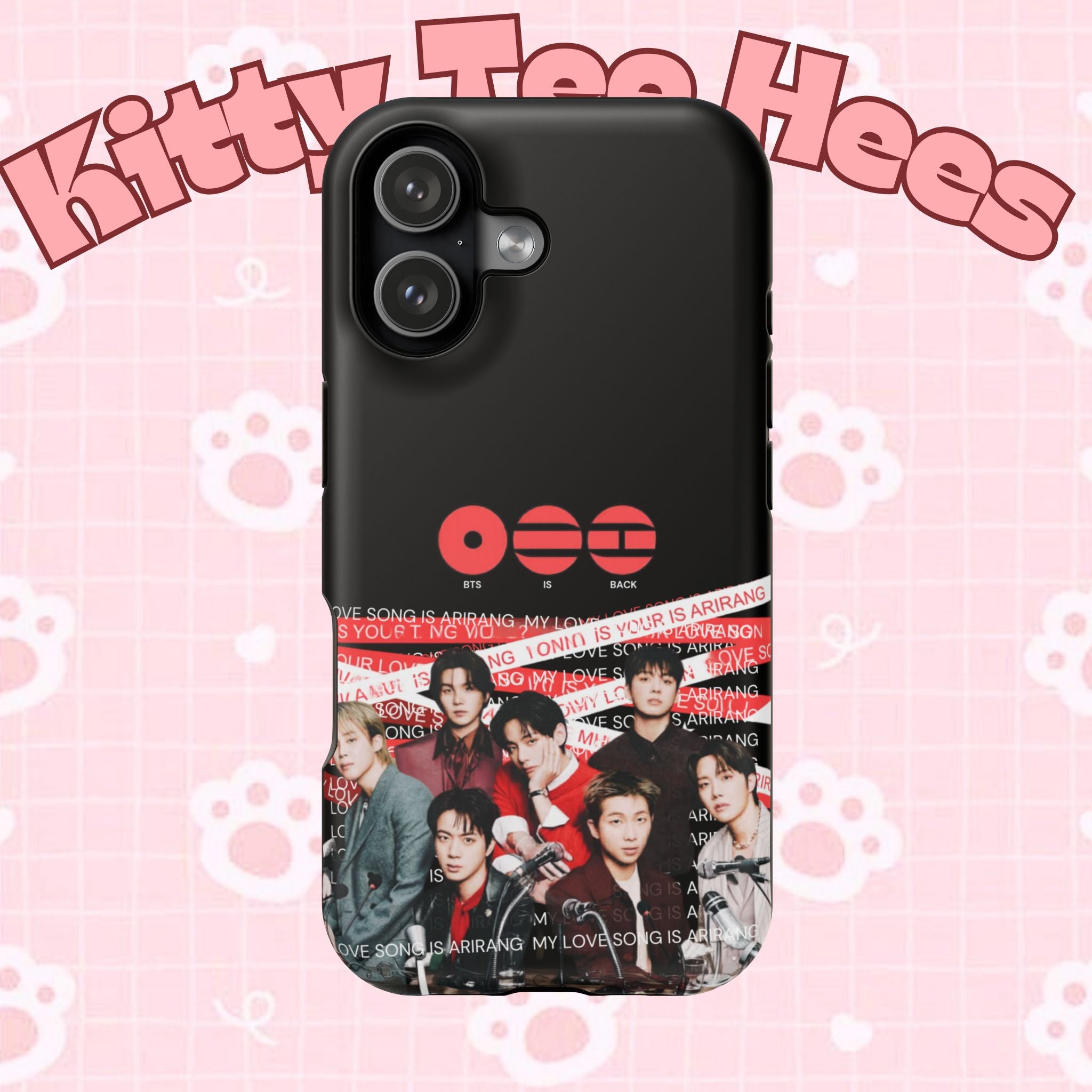 Impact-resistant phone case featuring BTS fanmade design with band photo, compatible with various smartphones, by Printify.