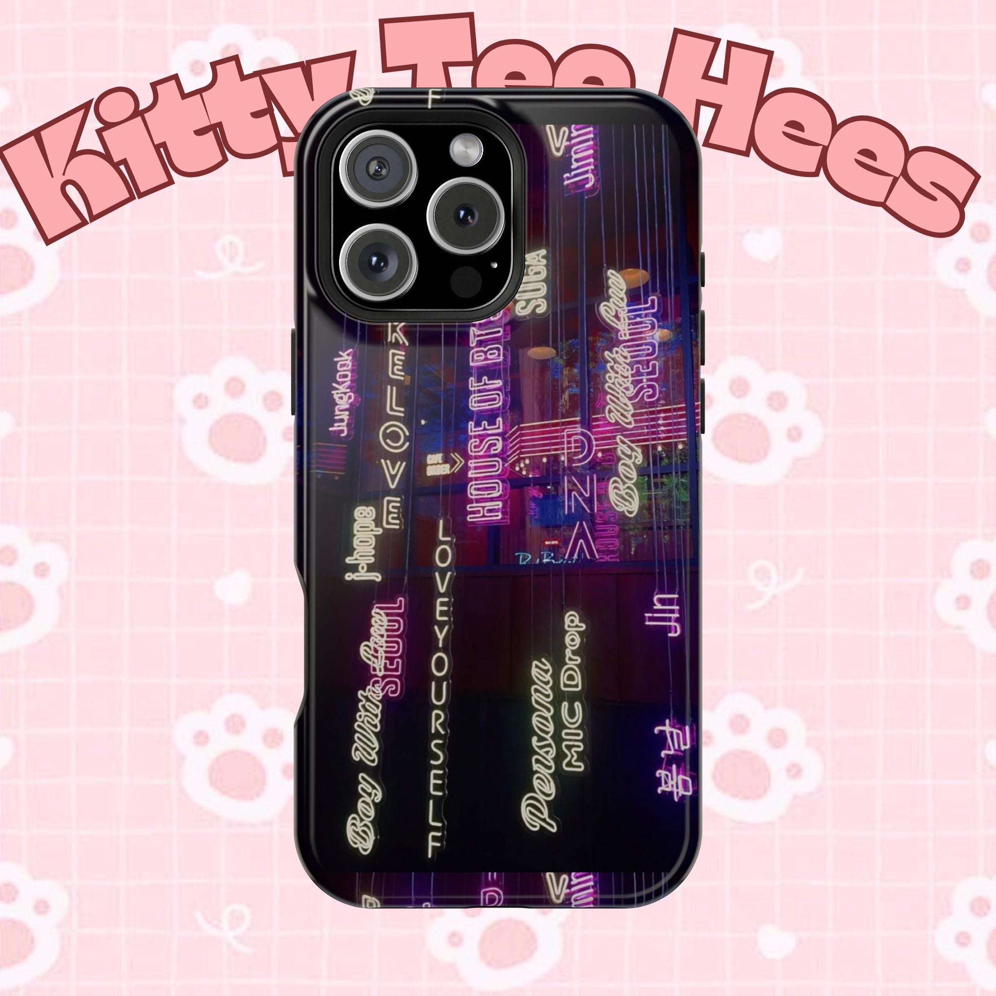 Impact-resistant BTS phone case with neon Korean script design for iPhone and Samsung, featuring Bangtan Sonyeondan branding.