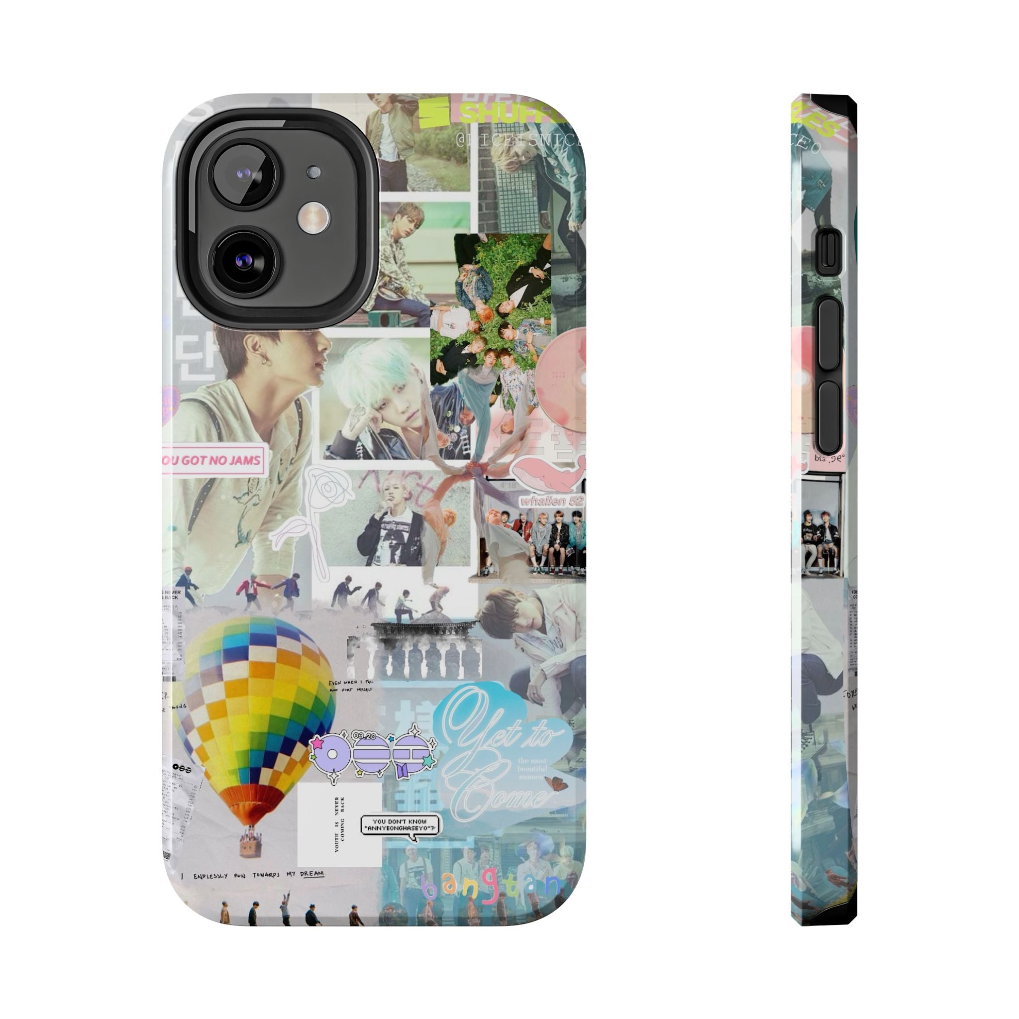 Printify BTS collage phone case for iPhone and Samsung featuring pastel hot air balloon and K-Pop photo collage design.