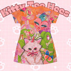 Whimsical cat T-shirt dress with all-over clown print, playful summer dress featuring a fun, artsy design for cat lovers.