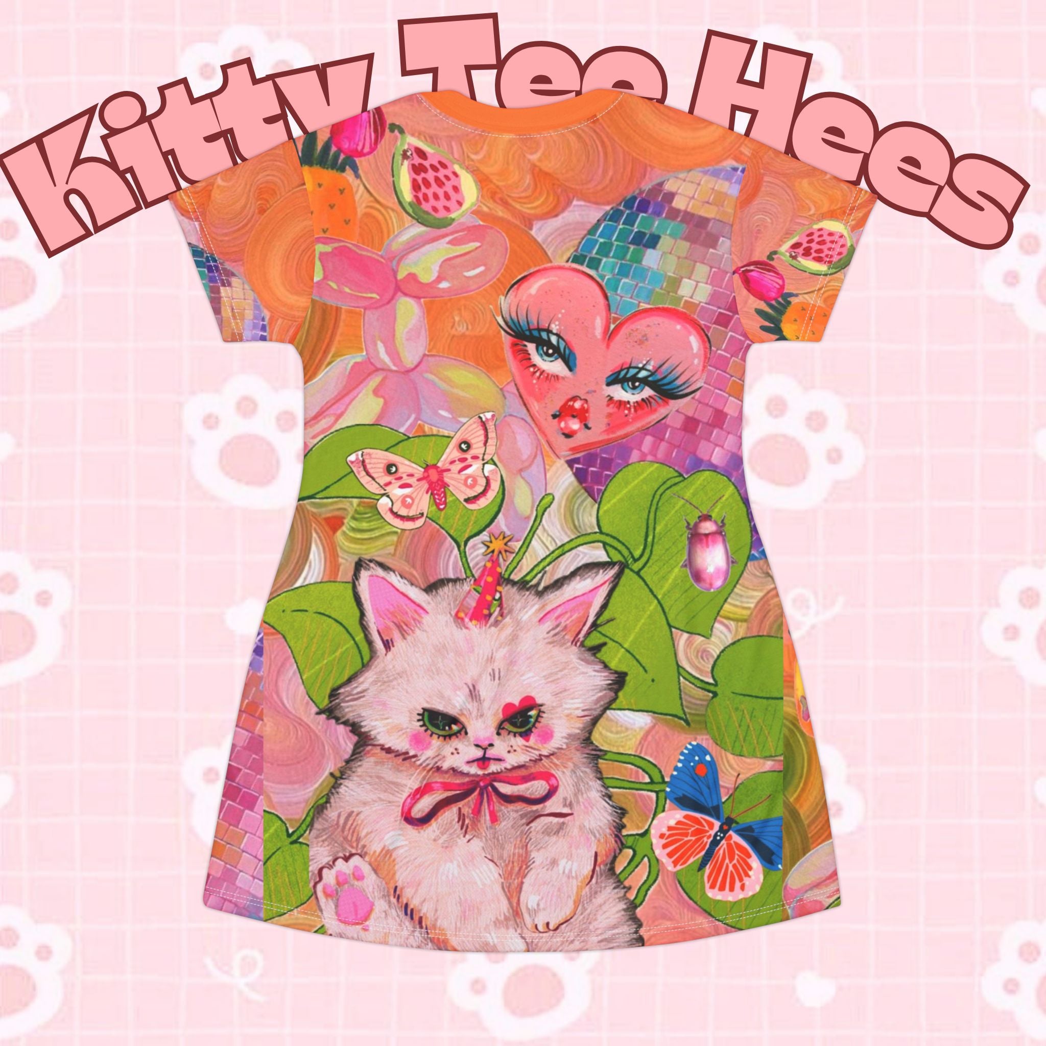 Whimsical cat T-shirt dress with all-over clown print, playful summer dress featuring a fun, artsy design for cat lovers.