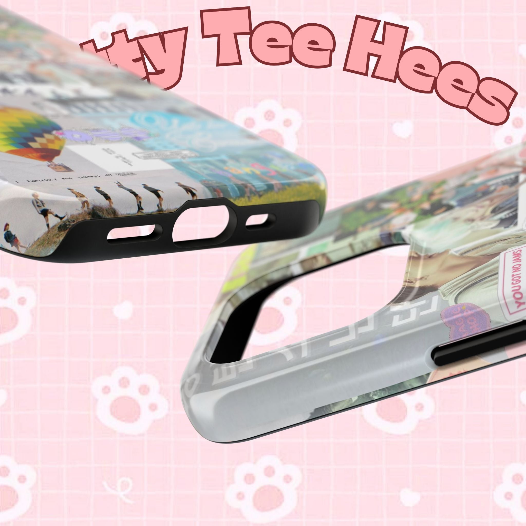 Printify BTS collage phone case for iPhone and Samsung featuring pastel hot air balloon and K-pop photo collage design.
