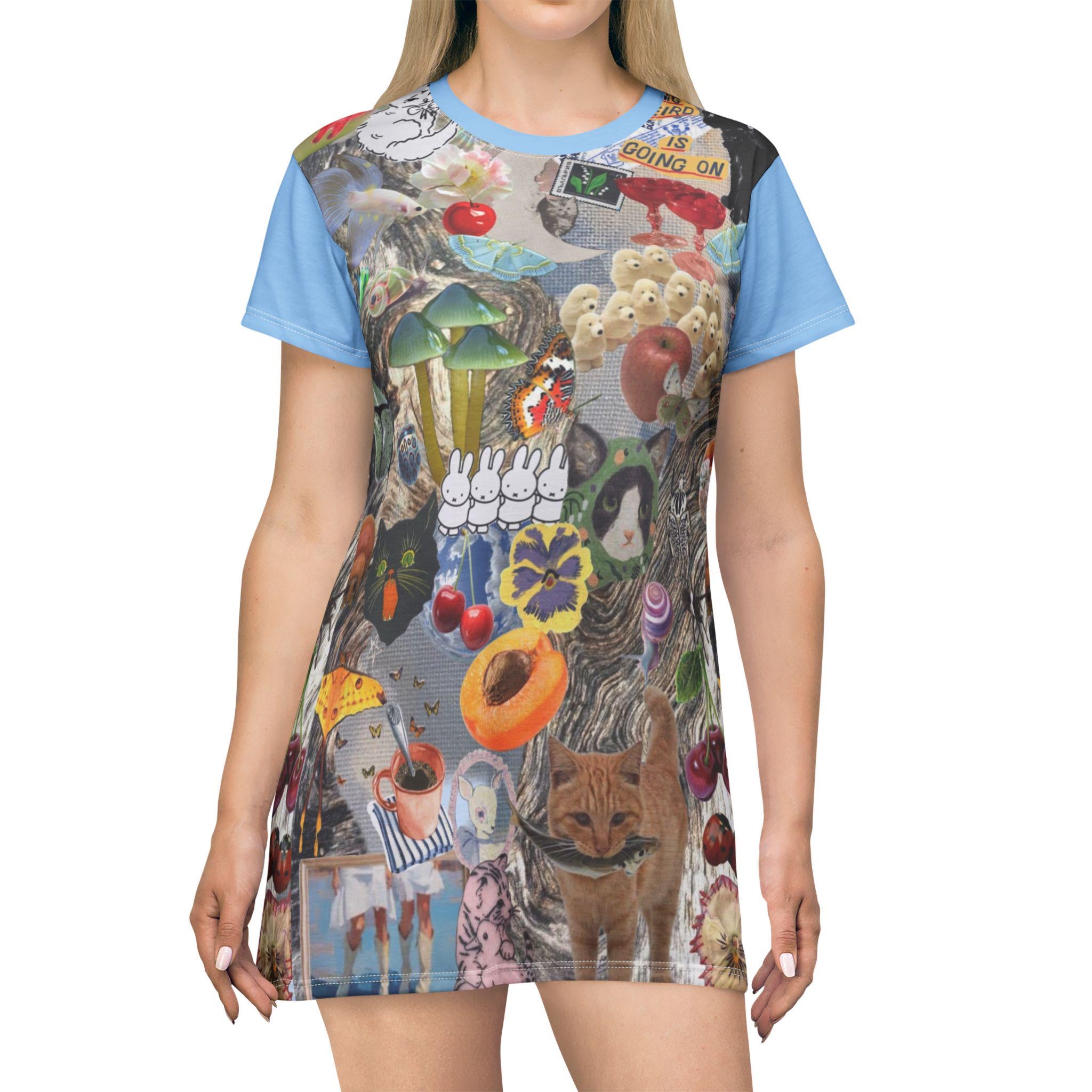 Alice in Kitty Land T-Shirt Dress, Playful Cat Design - Kitty TeeHees