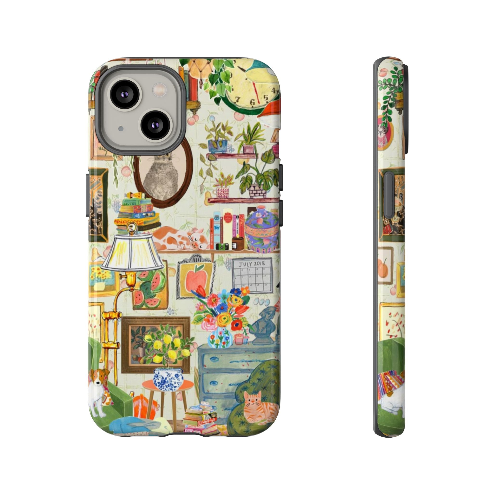 Cute cat portrait phone case for iPhone 17 by Printify, featuring a cozy living room pet home design with stylish, playful artwork.