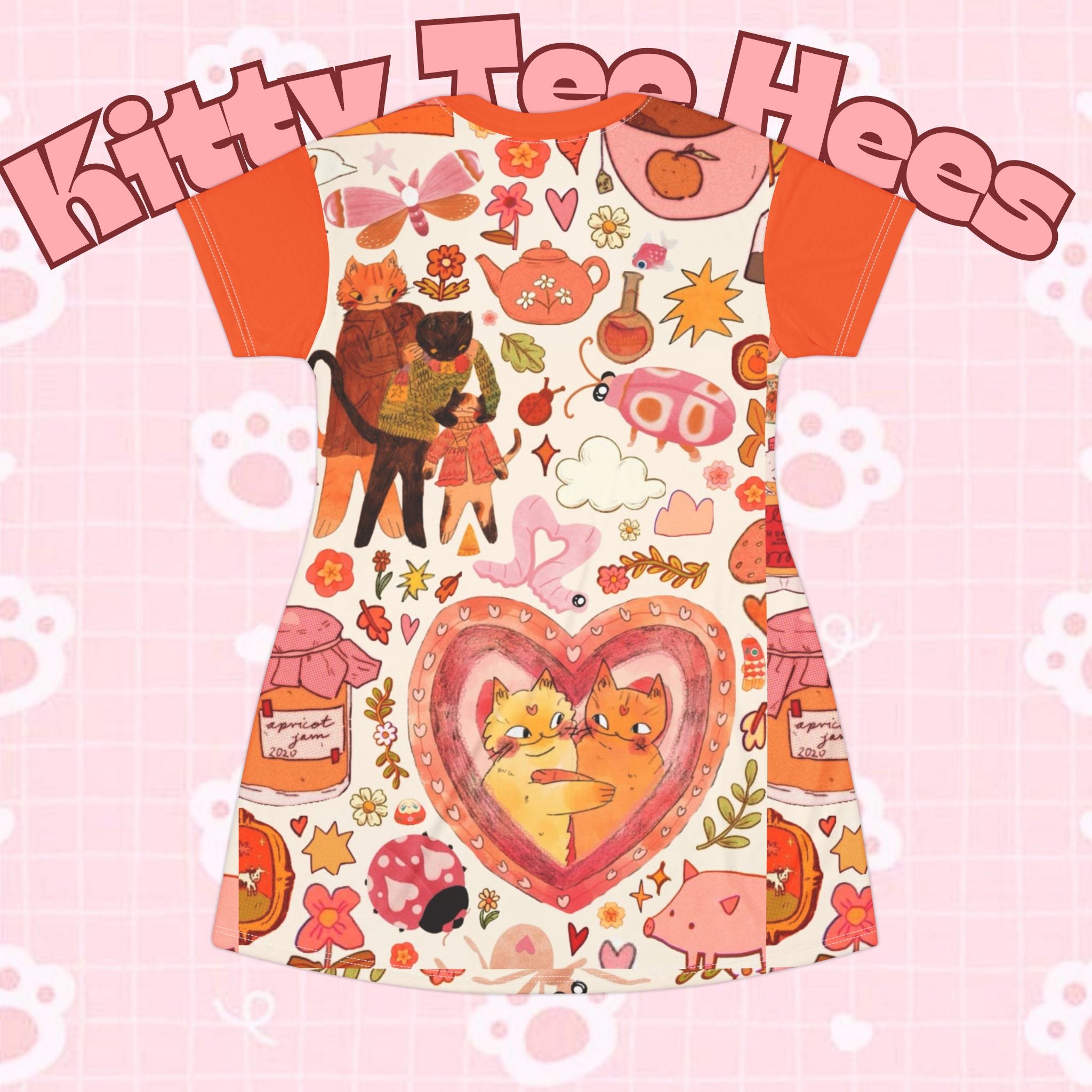 Orange Whimsical Cat Print T-Shirt Dress by Printify, featuring playful cat designs, perfect for kids and adults, casual summer wear.