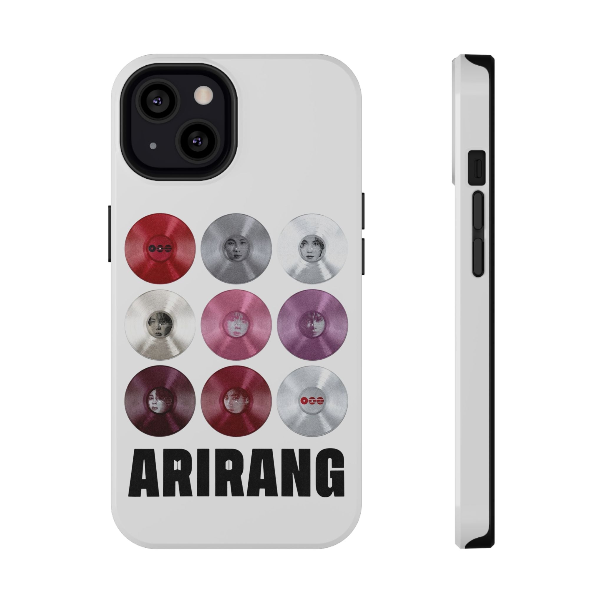 Printify BTS Arirang vinyl record grid phone case featuring impact-resistant design with BTS fan merch artwork.