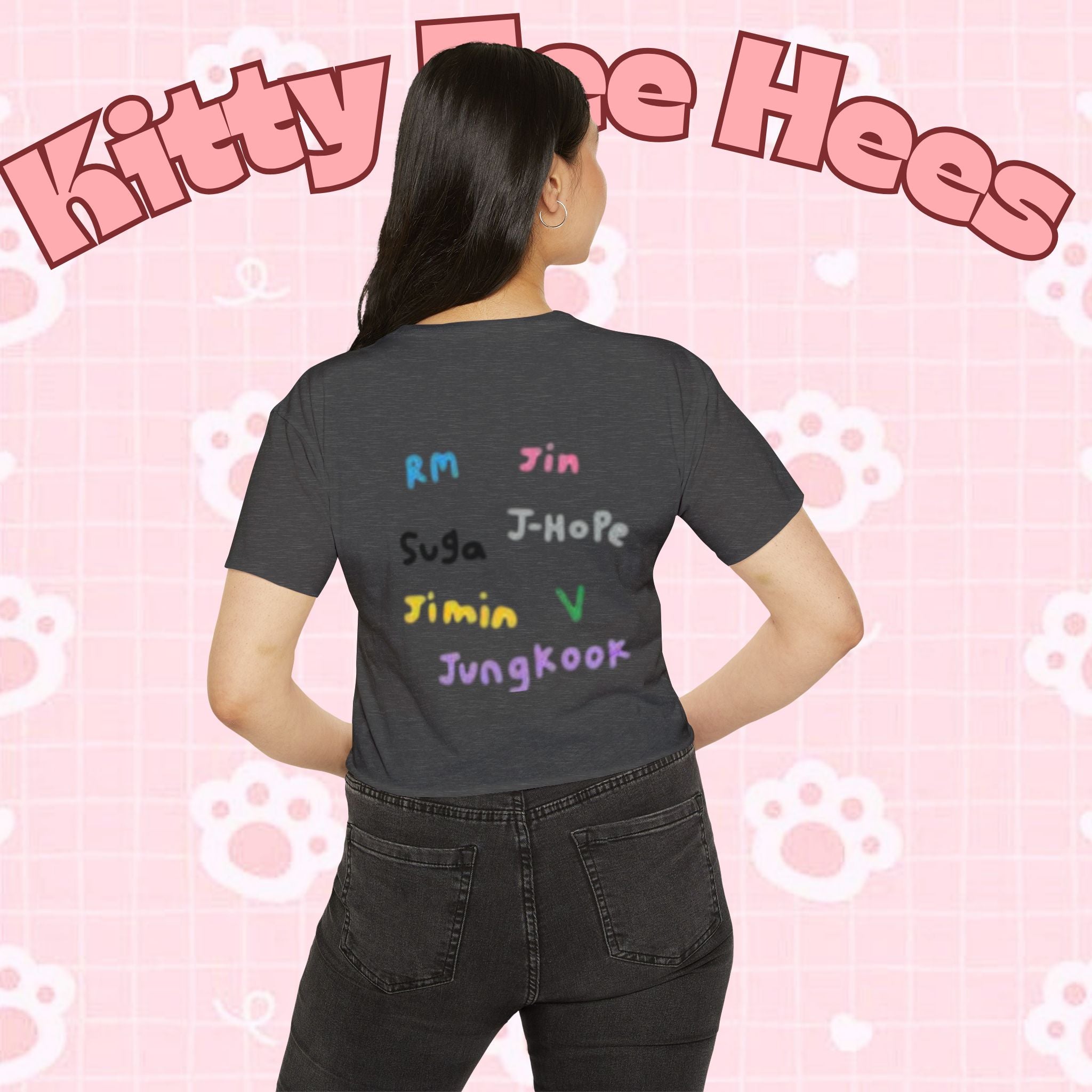 Colorful BTS kidcore T-shirt featuring a K-pop group photo, women's crop top style by Printify, perfect for festivals and casual wear.