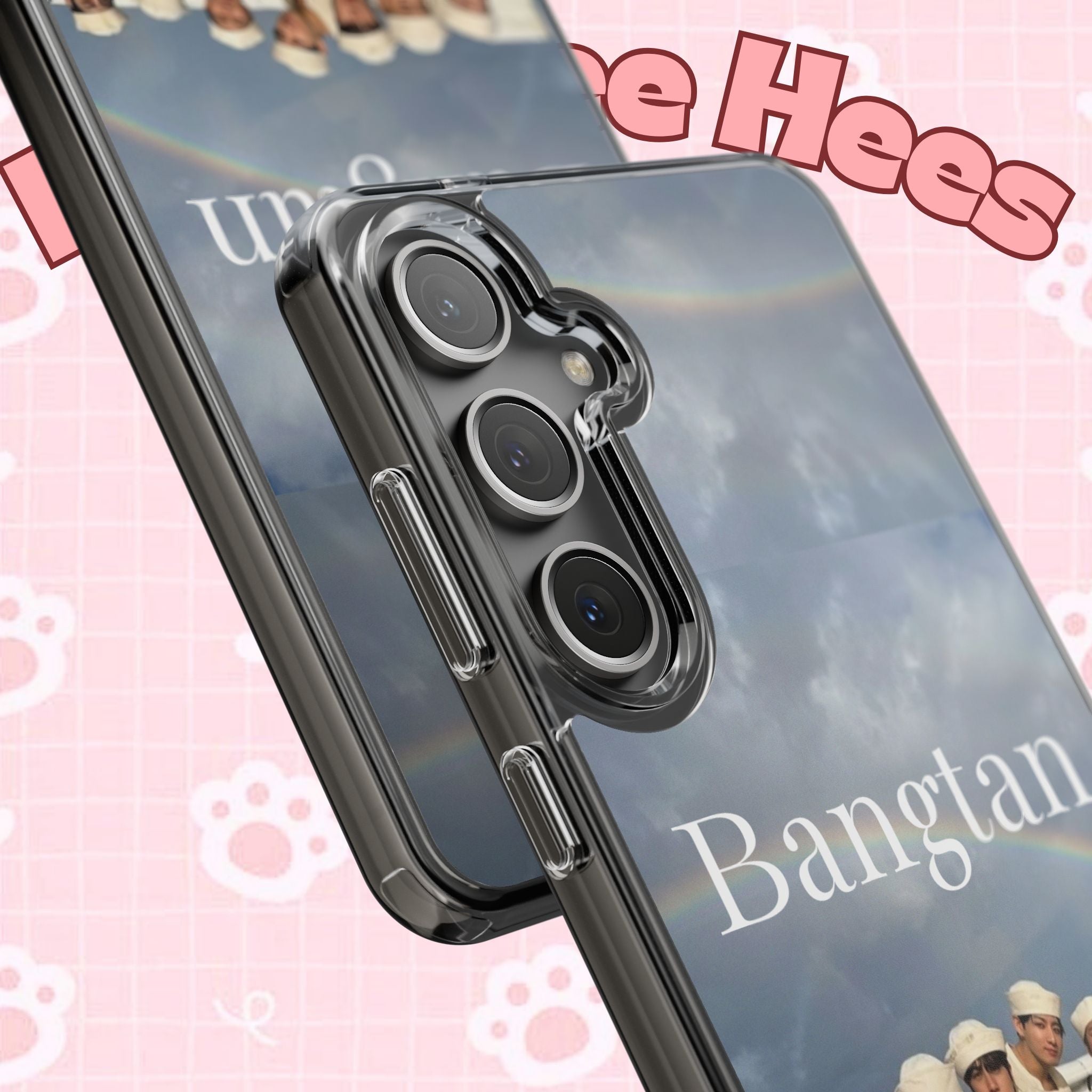 Clear impact-resistant phone case featuring Bangtan Boys K-pop design, compatible with smartphones for stylish protection.