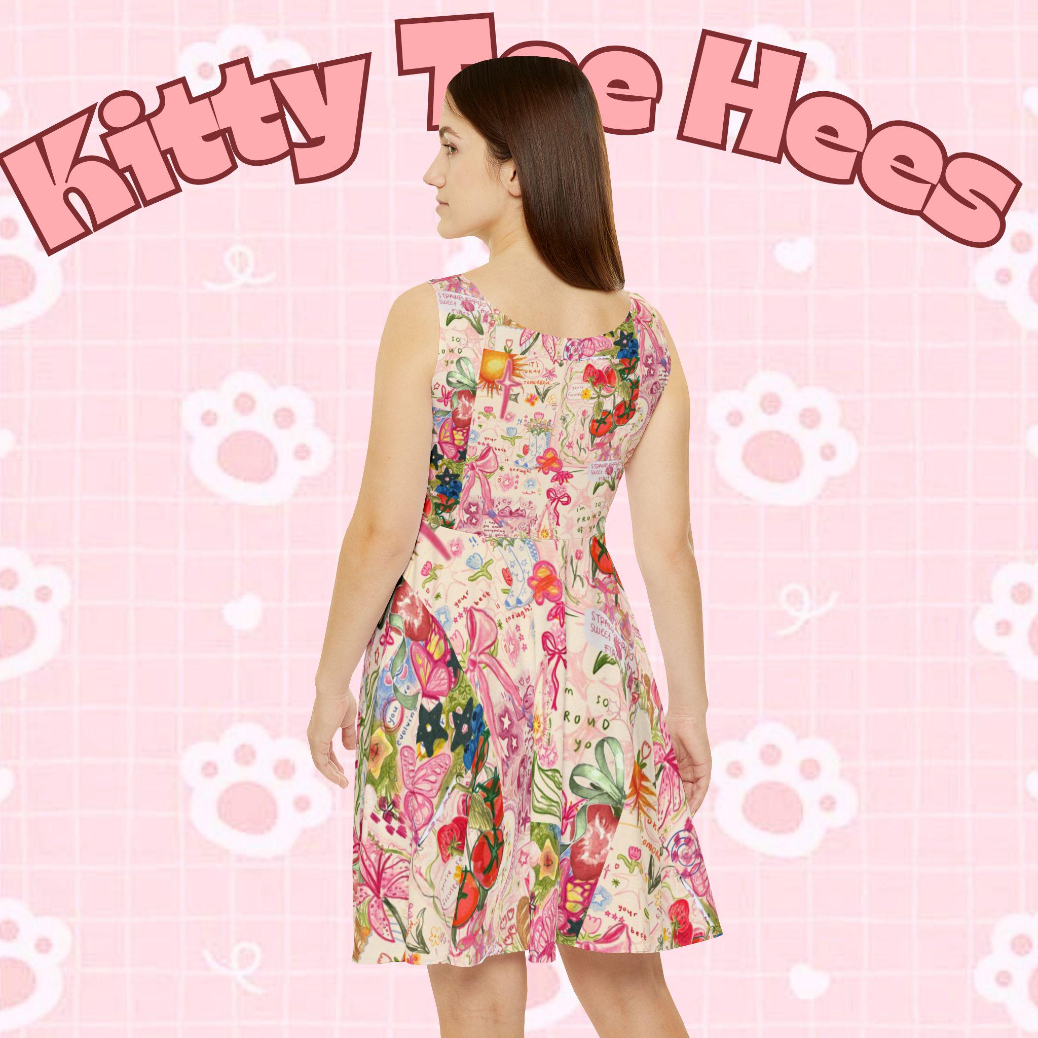 Pastel Floral Cat Skater Dress, Women's Party Outfit - Kitty TeeHees