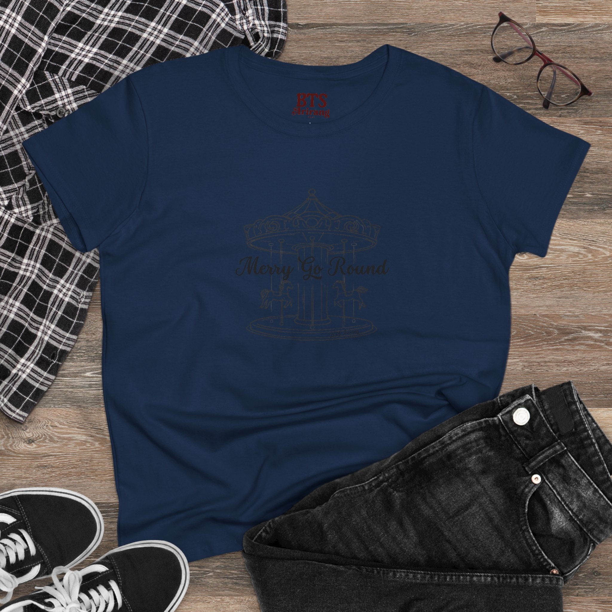 Printify Merry Go Round BTS Arirang 2026 album carousel sketch T-shirt with lyric script back print on white fabric.