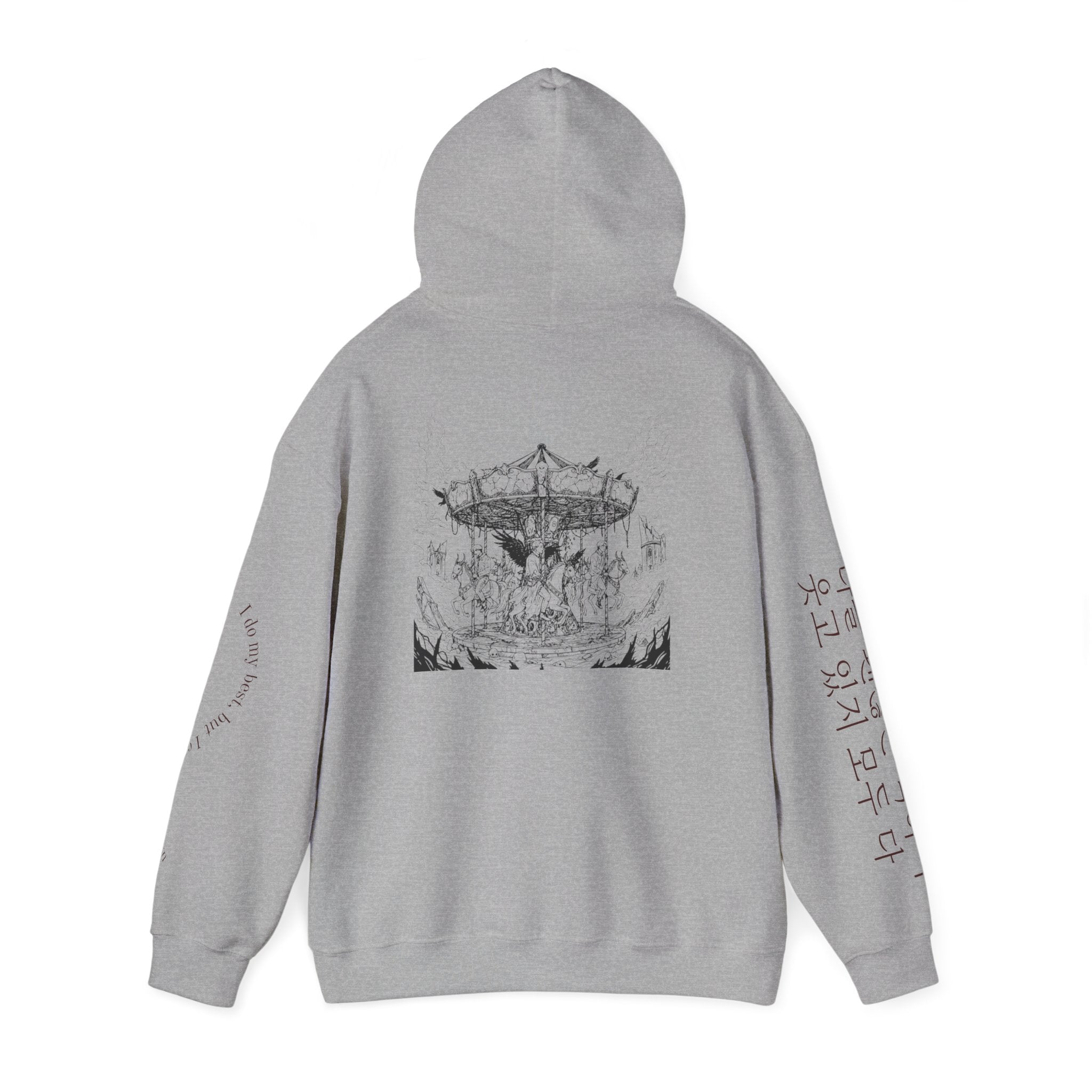 Printify BTS Merry-go-round hoodie featuring carousel illustration, Korean script sleeves, and BTS Arirang 2026 lyrics.