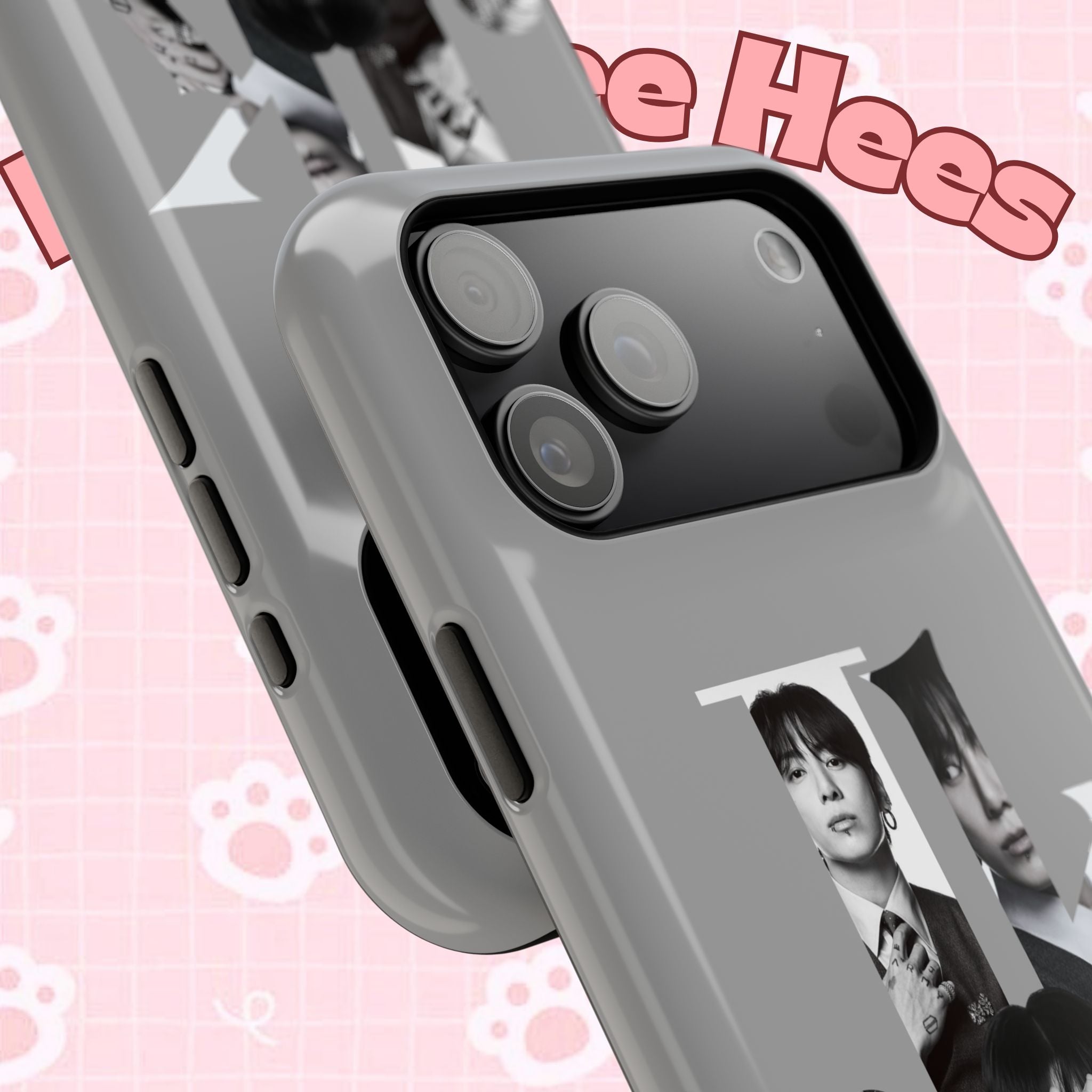Impact-resistant BTS Jungkook phone case by Printify featuring monochrome letter design, ideal for protecting your smartphone.