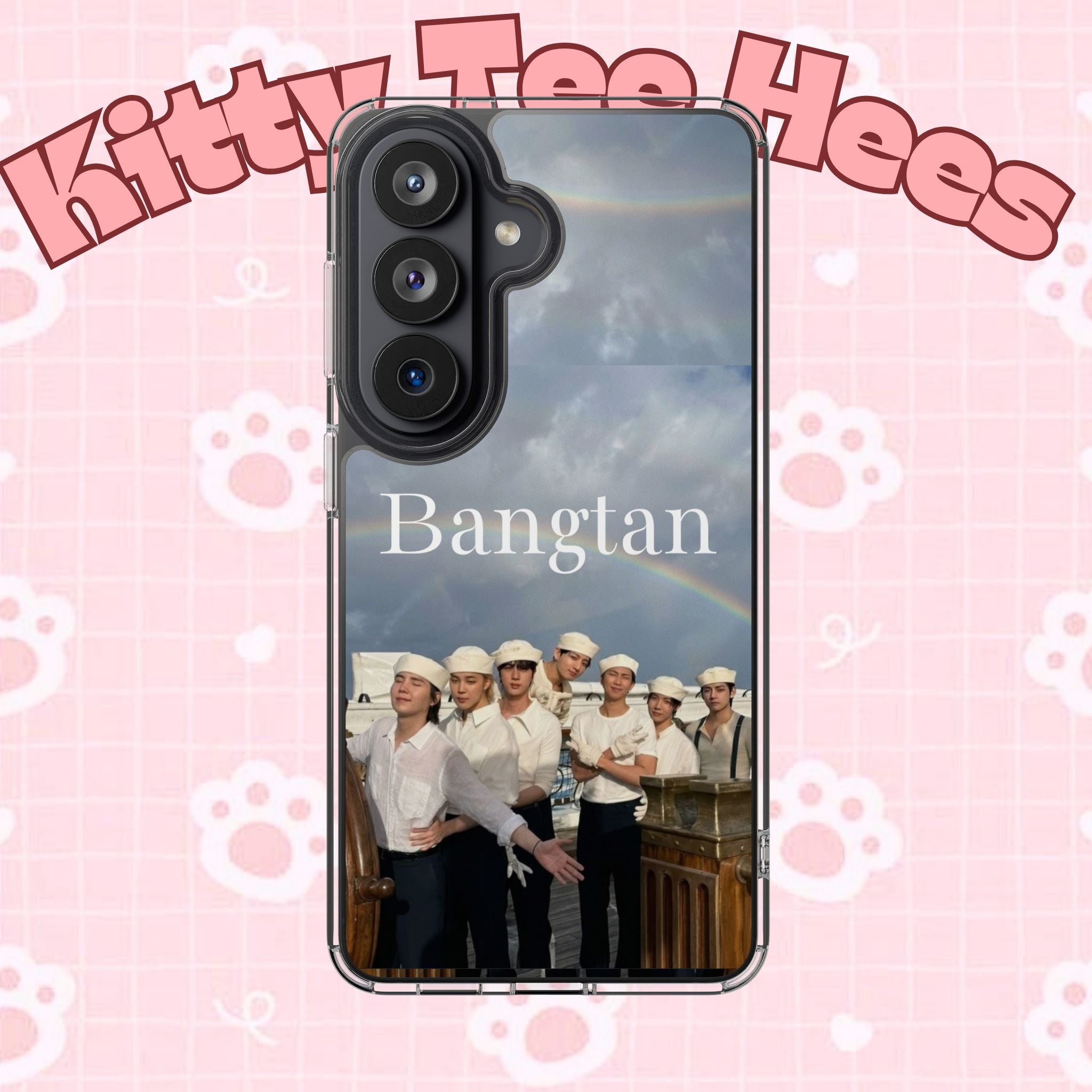 Clear impact-resistant Bangtan phone case featuring cute K-pop design for smartphones, made by Printify.